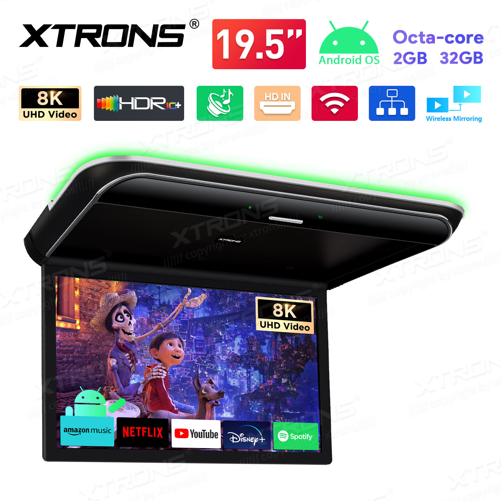 19.5″ Android 2+32G Car TV Roof Flip Down Monitor HDMI 8K Video WiFi Mirror Link