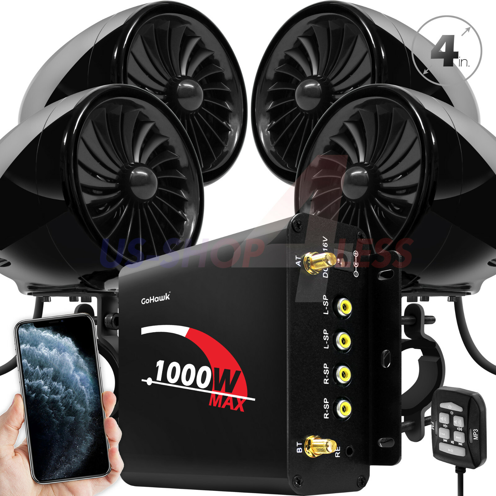 1000W Bluetooth Motorcycle Stereo 4 Speakers Audio MP3 System AUX USB FM Radio