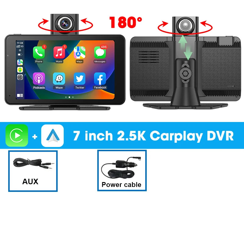 7″ Dash Cam 2.5K DVR Rearview Camera Wireless Carplay&Android GPS Navigation