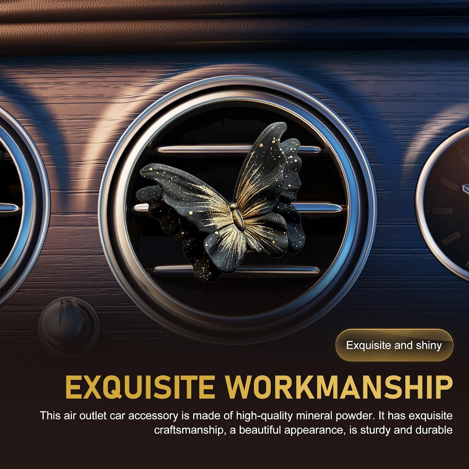 Universal Butterfly Air Vent Clip, Dashboard Outlet Decoration Cars (Black Gold)