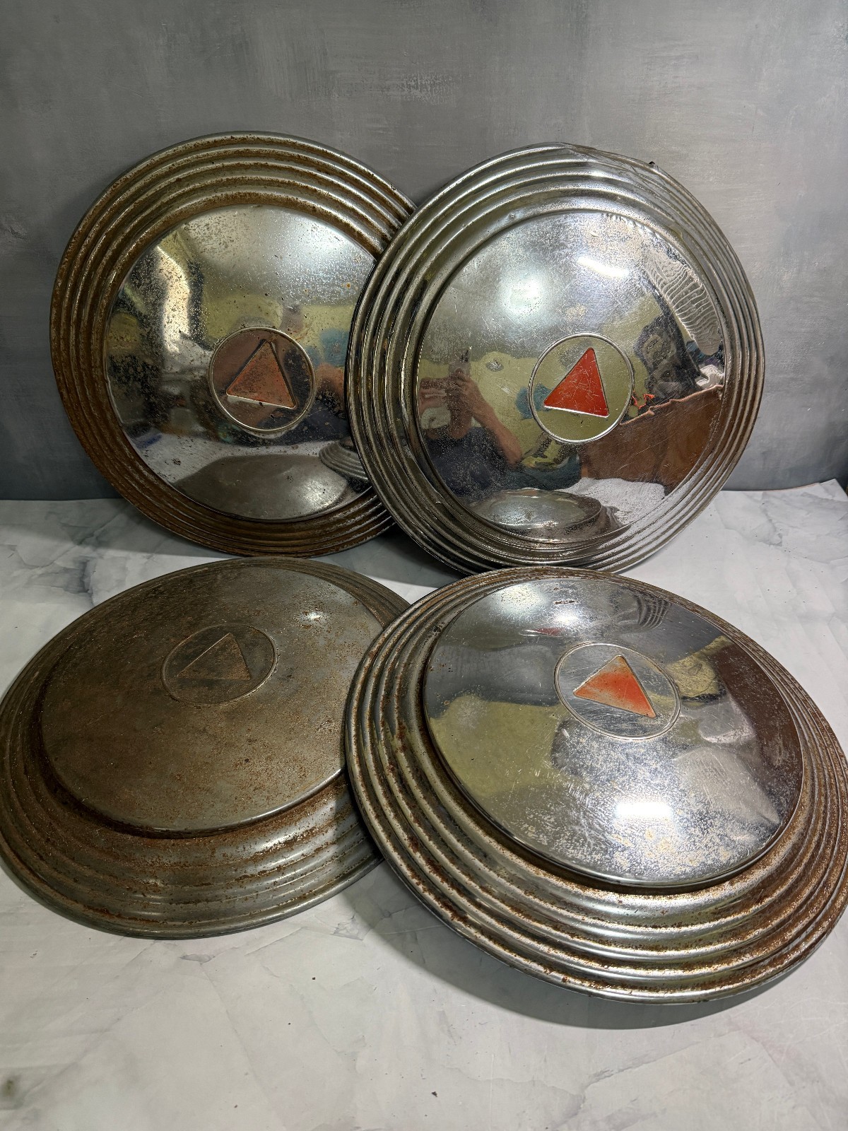 4 Vintage Hudson Motor Car Hubcaps 1948-53, 12 7/8” OSD Red Triangular Emblem
