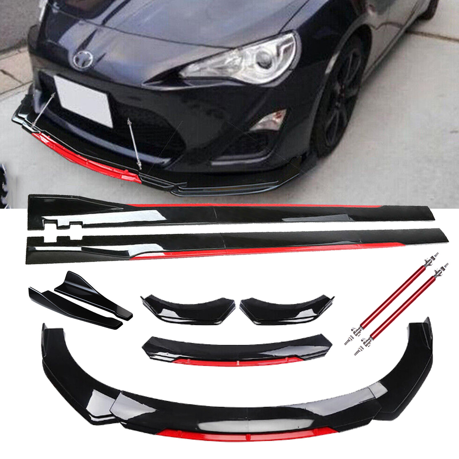 Front Bumper Lip Spoiler Splitter Glossy Black Red For 17-20 Toyota 86 Body Kit