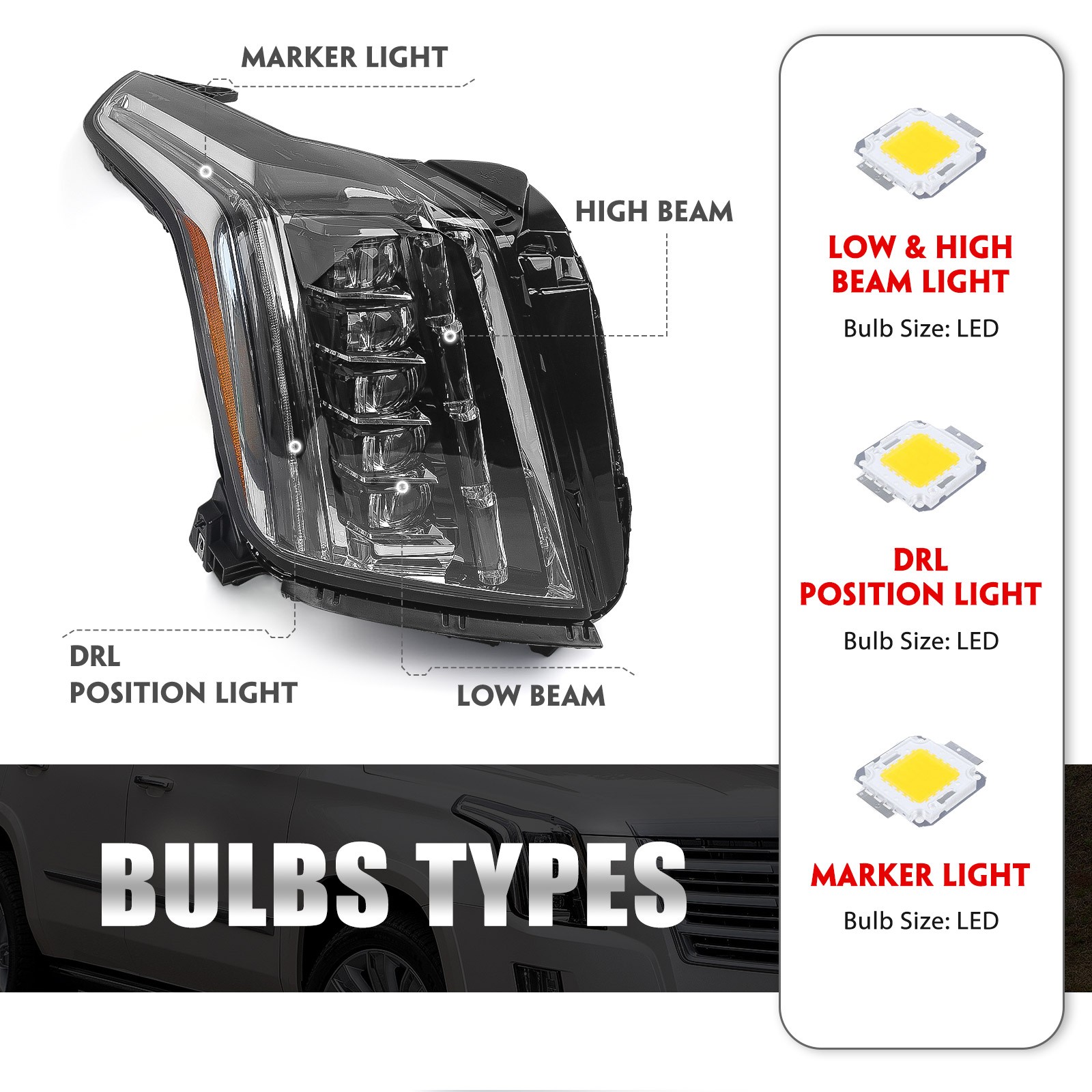 For Cadillac Escalade 2015-2020 Full LED Projector Headlight Lamp Passenger Bulb