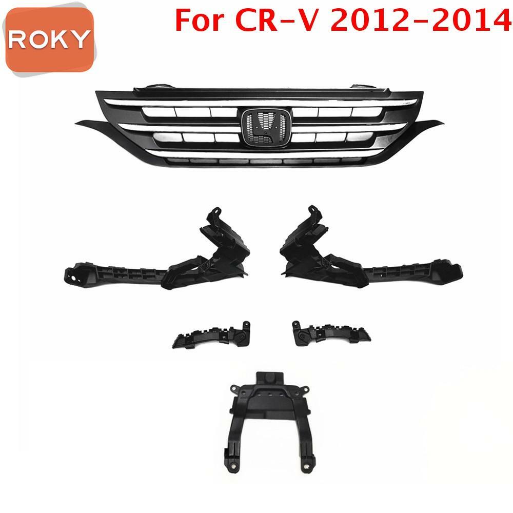 5 Brackets + Front Upper Chrome Gray Grille Grill For Honda CR-V CRV 2012-2014