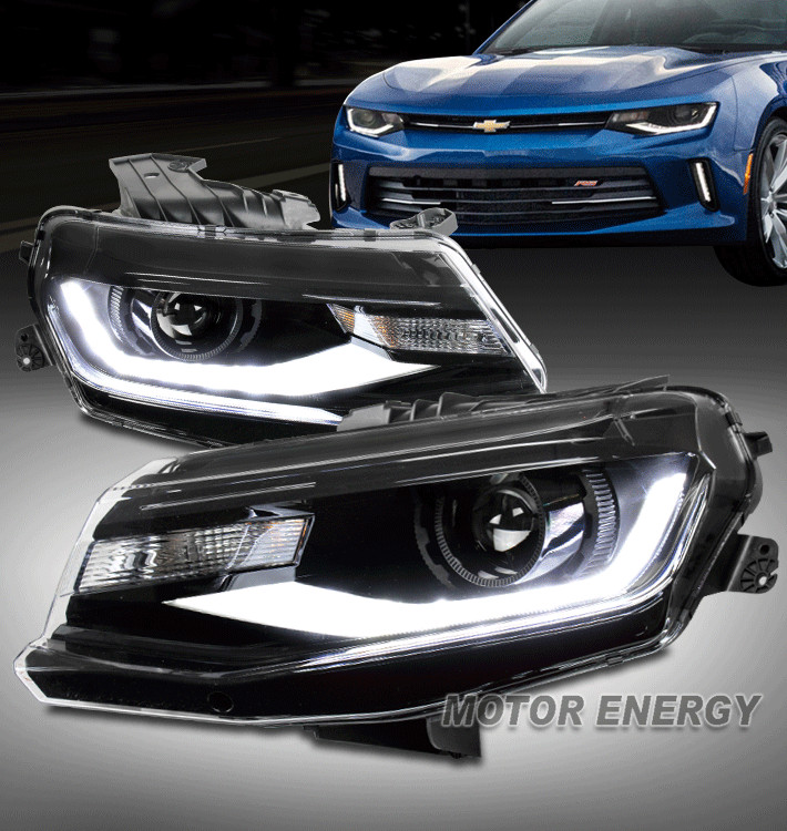 For 16 17 18 Chevy Camaro LED DRL Switchback Halogen Projector Headlights Black
