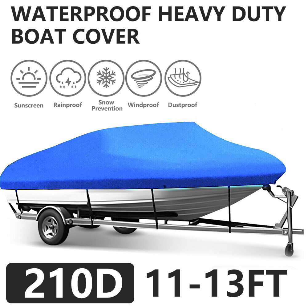 11-13ft Heavy Duty Waterproof Boat Cover Trailerable Fish V-Hull Runabouts Blue