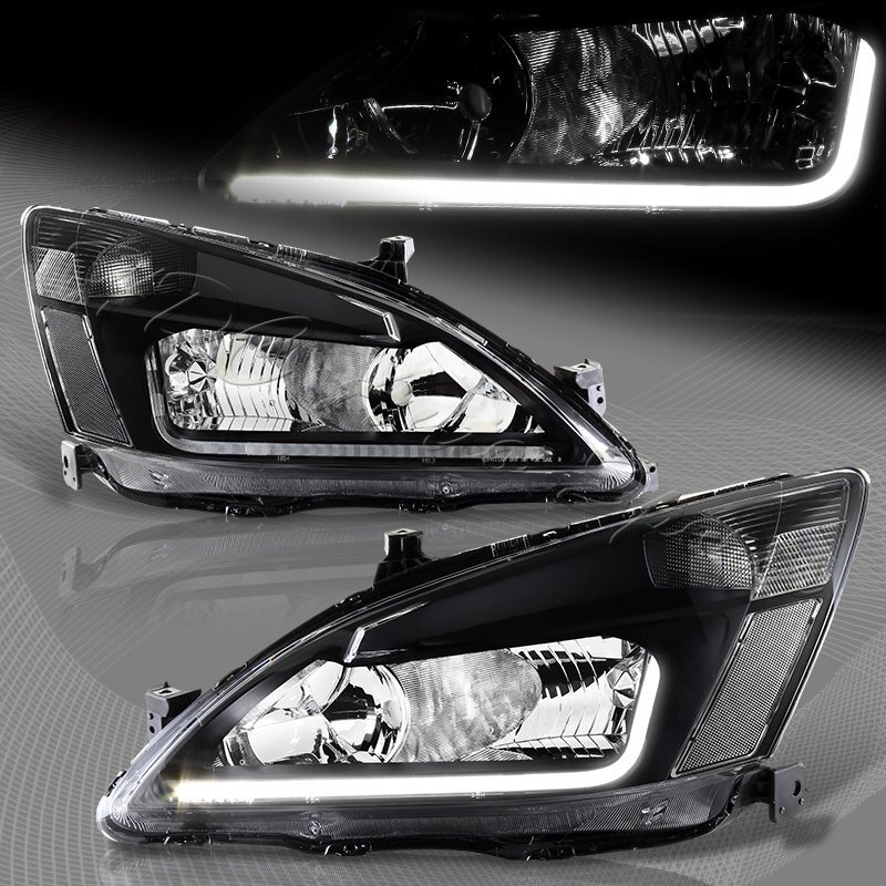 For 2003-2007 Honda Accord DRL LED Black Housing Headlights W/Clear Reflector