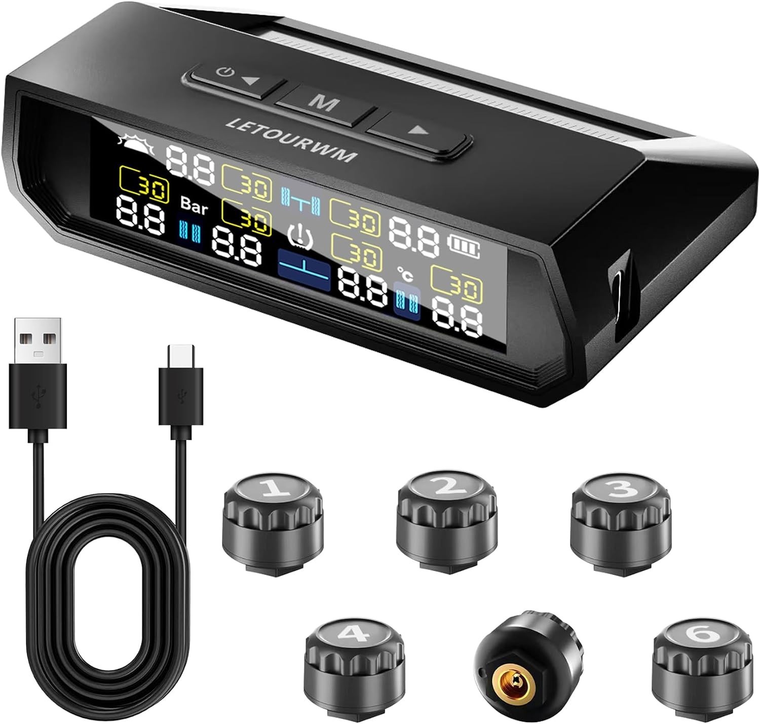 Upgrade RV TPMS 6 Sensors, Solar Charge, USB-C, Color LCD, 0-144PSI, Safe Drive
