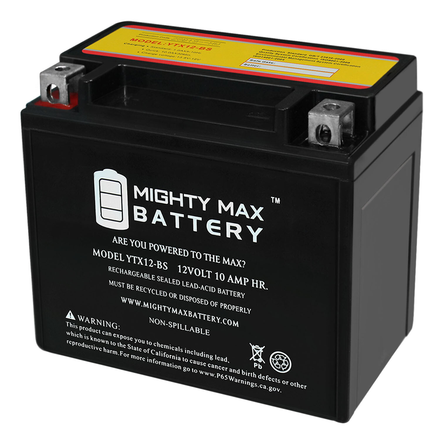 Mighty Max YTX12-BS -12 Volt 10 AH, 180 CCA, Rechargeable Maintenance Free SLA A