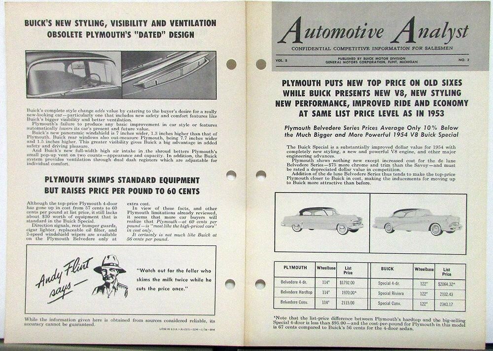 1954 Buick Special Auto Analyst Comparison Plymouth Belvedere Salesman Only Item