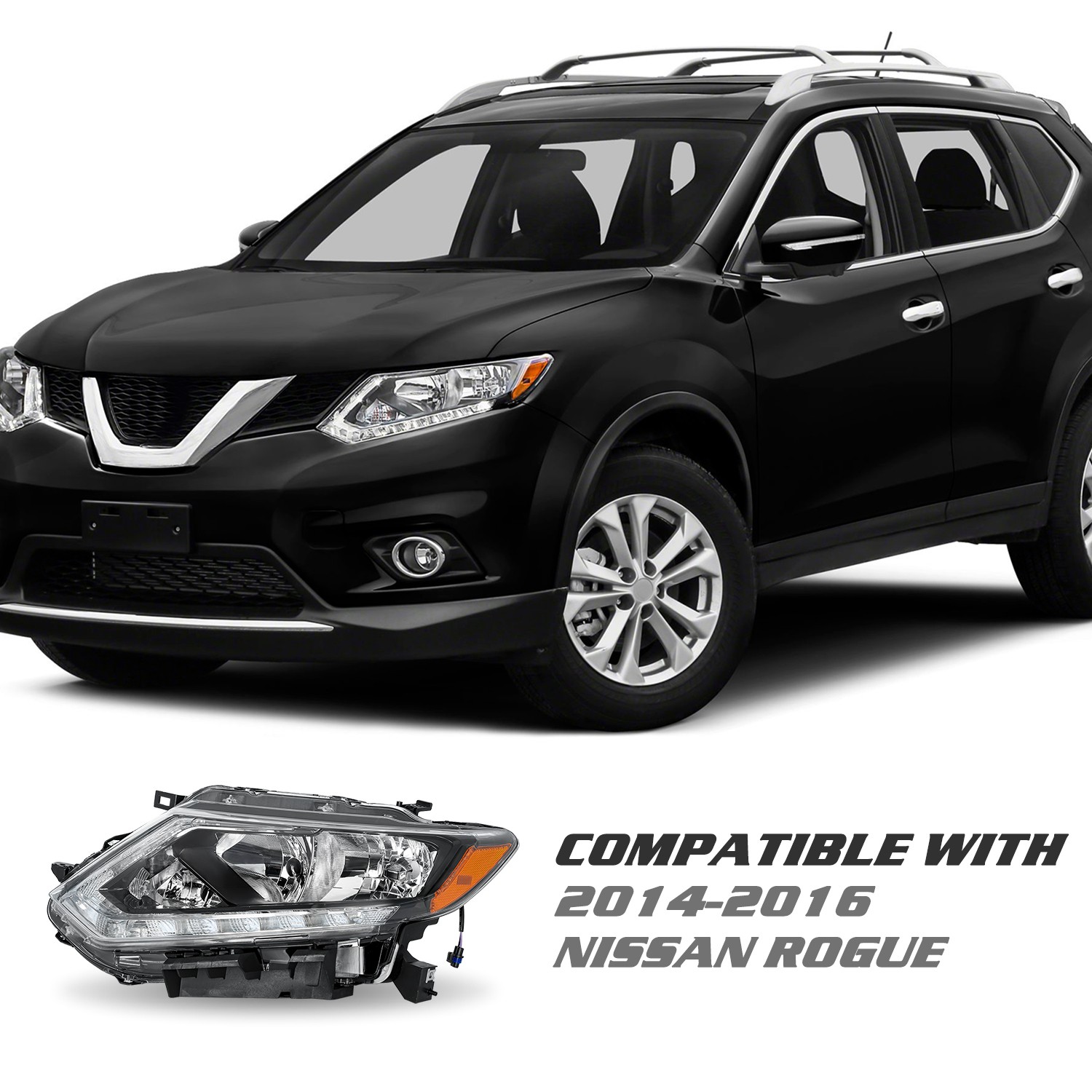 Headlights For 2014 2015 2016 Nissan Rogue Halogen w/LED DRL Lamps LH+RH Pair