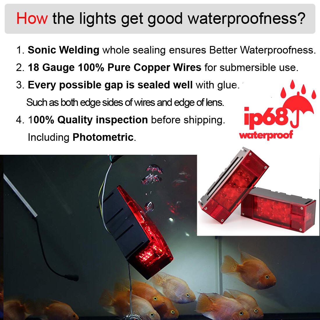 Rectangle LED Submersible Low Profile Trailer Lights Kit Stop Brake Boat Marine