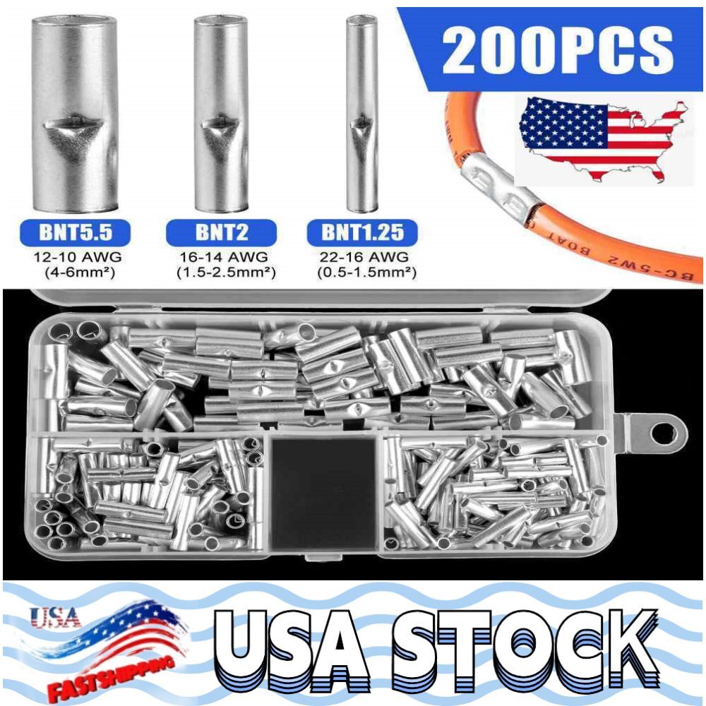 Copper Bare Wire Splice Terminals Ferrule Butt Crimp Connectors 22-10 AWG 200Pcs