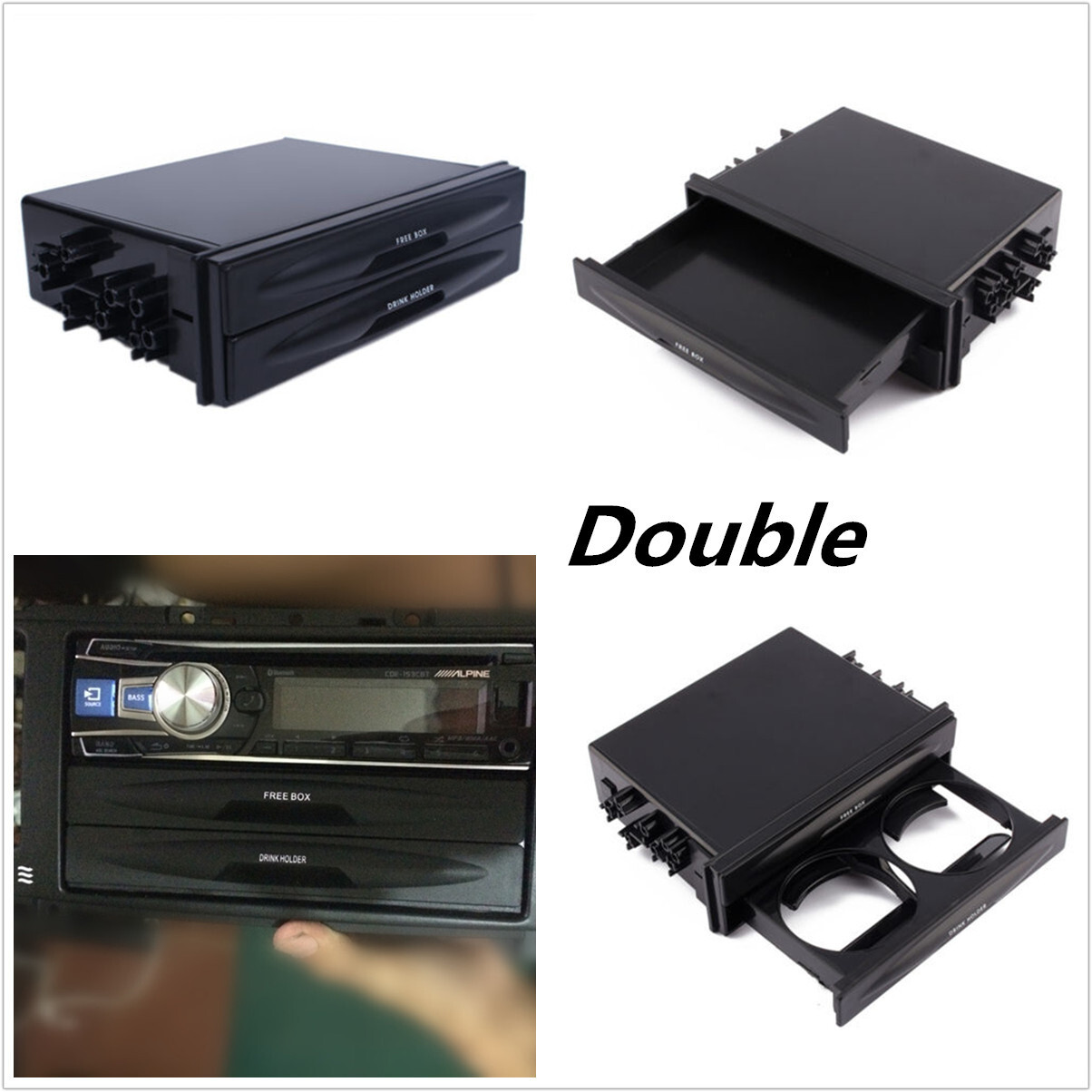 Double 2 Din Dash Radio Installation Pocket Cup Holder Storage Box For Car SUV