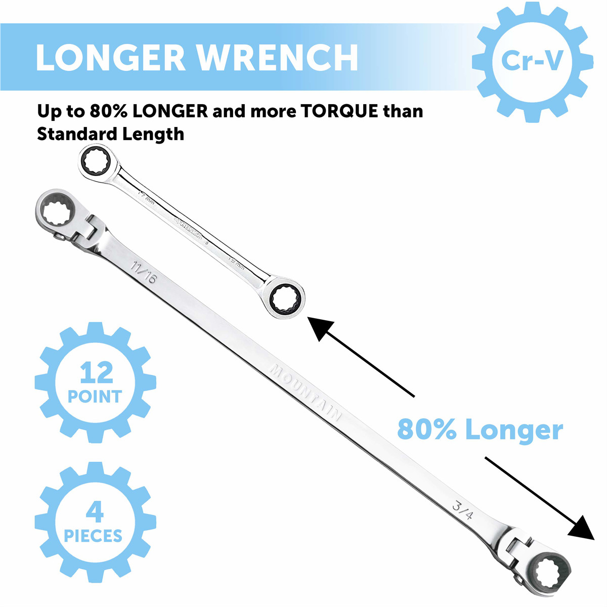 Mountain RF7 Extra Long Flexible Ratcheting Wrench Set 90 Tooth with Tray