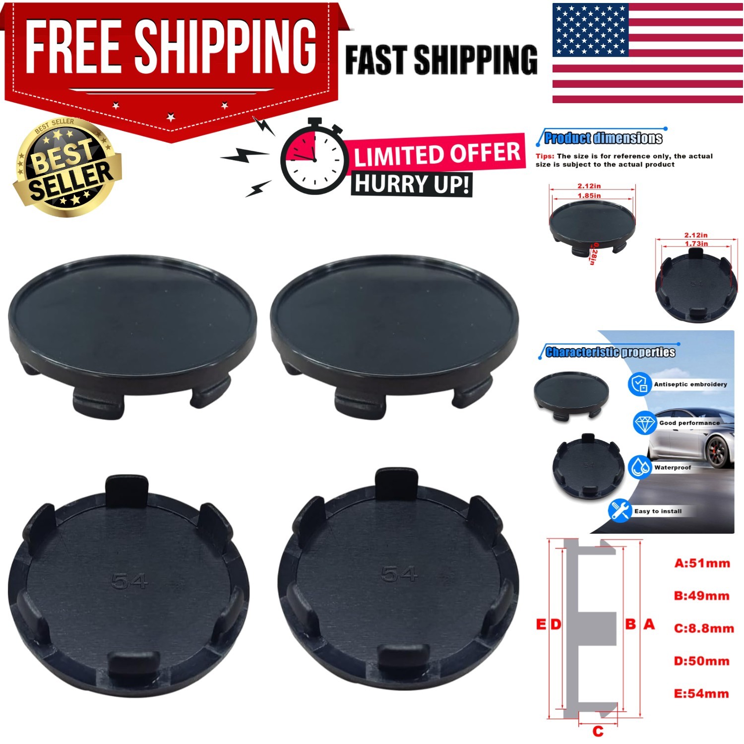 4PCS Universal Fit Black Wheel Center Caps – Snap-in Design for All Vehicles