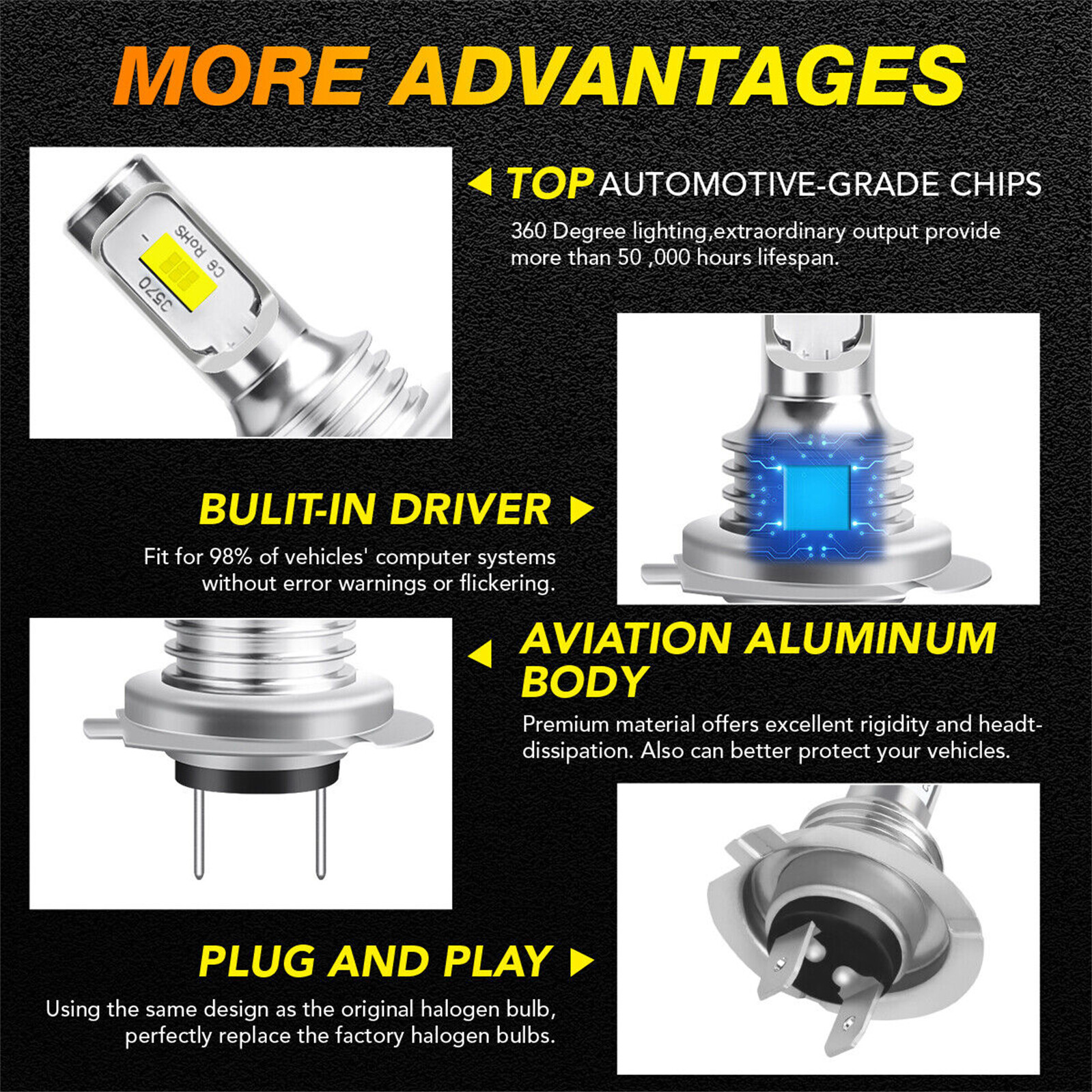 4x H7 LED Headlight Super Bright Bulbs Kit 6000K White High/Low Beam 330000LM