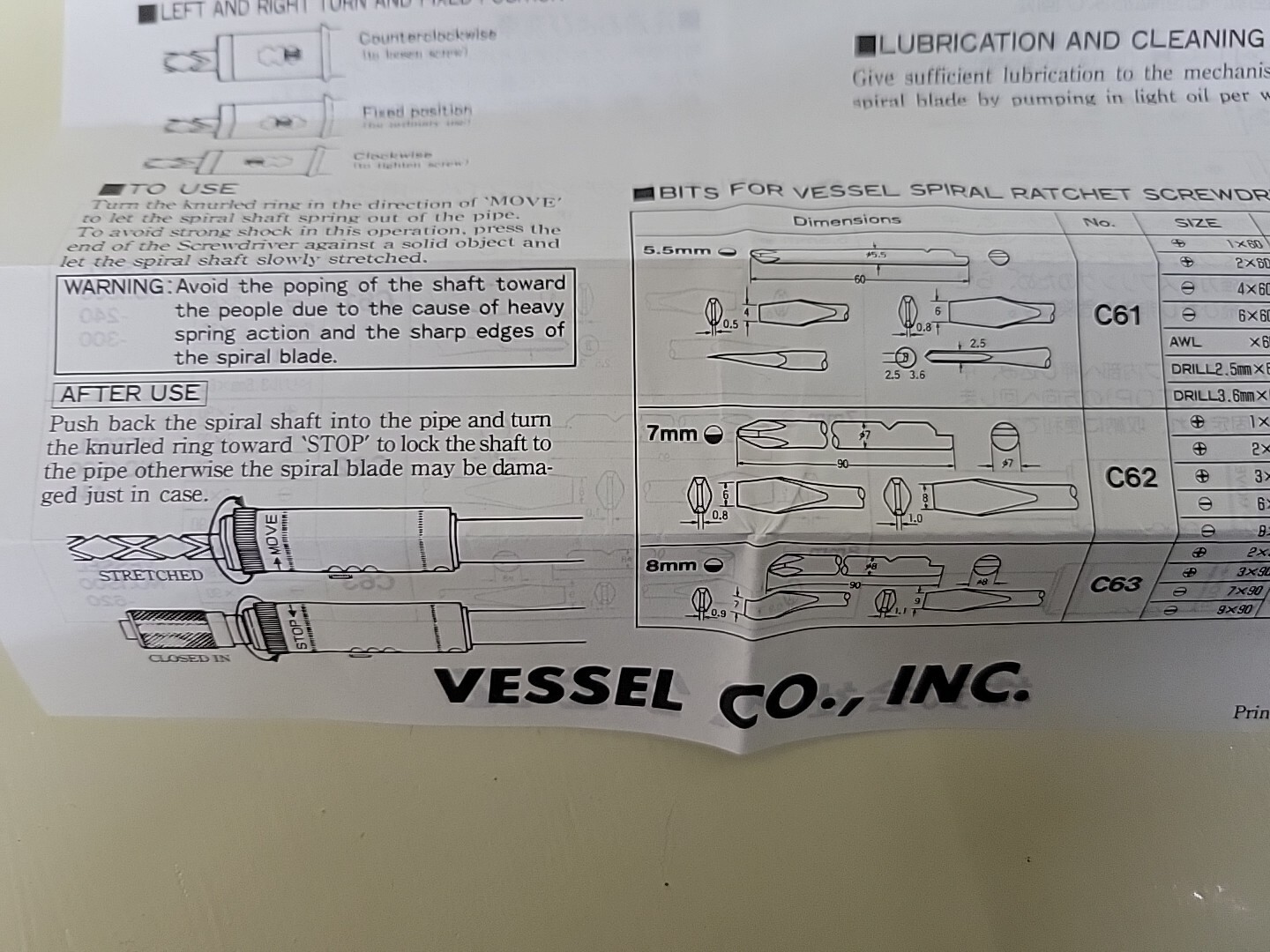 Vessel #1500-620 Yankee Ratchet Screwdriver Countersink Drill Bits Phillips Flat