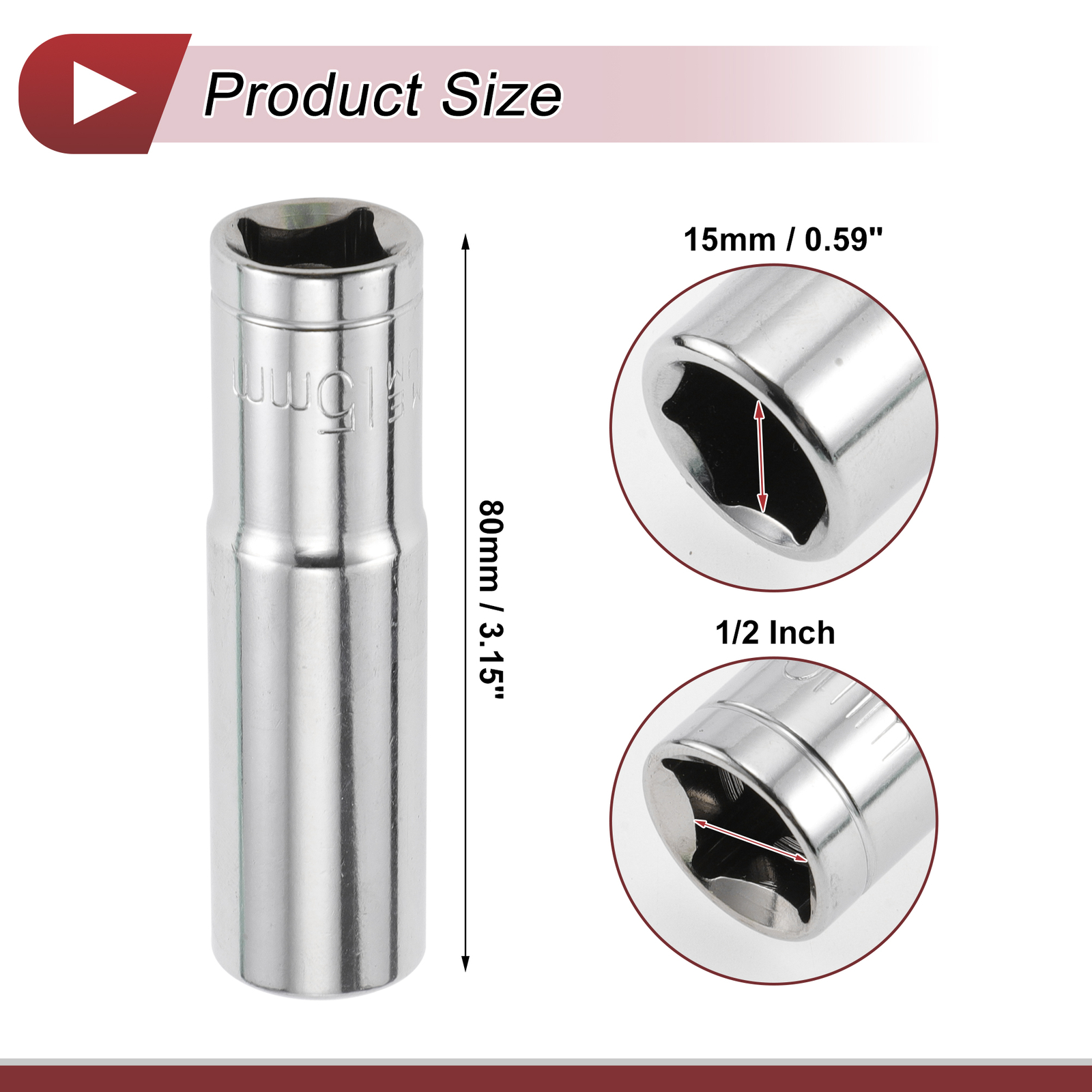 1/2 Inch Drive Impact Socket 15mm 6 Point Chrome Vanadium Steel 1 Pcs 80mm