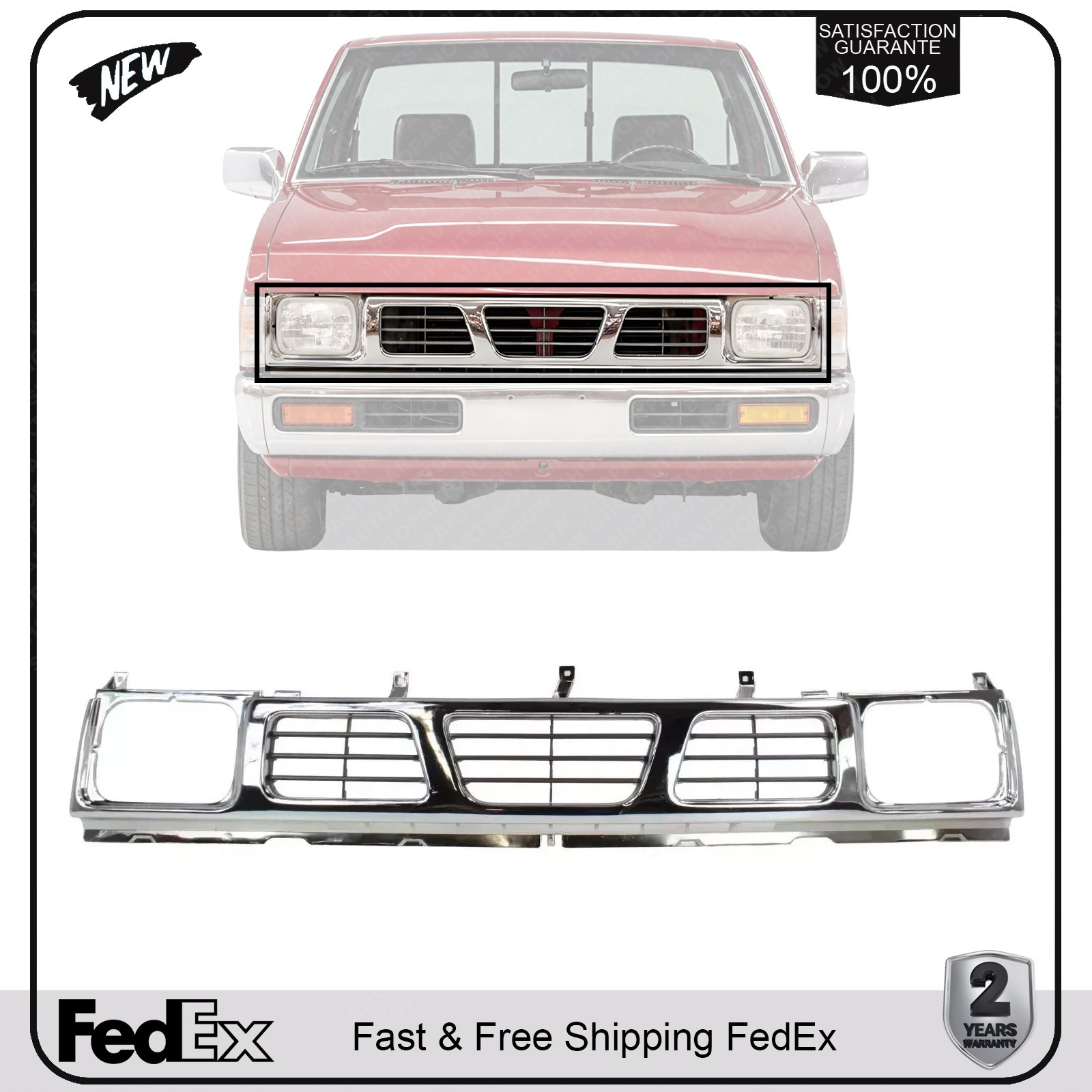 Grille Chrome Shell & gray Insert For 1993-1994 Nissan D21 / 1995-1997 Pickup
