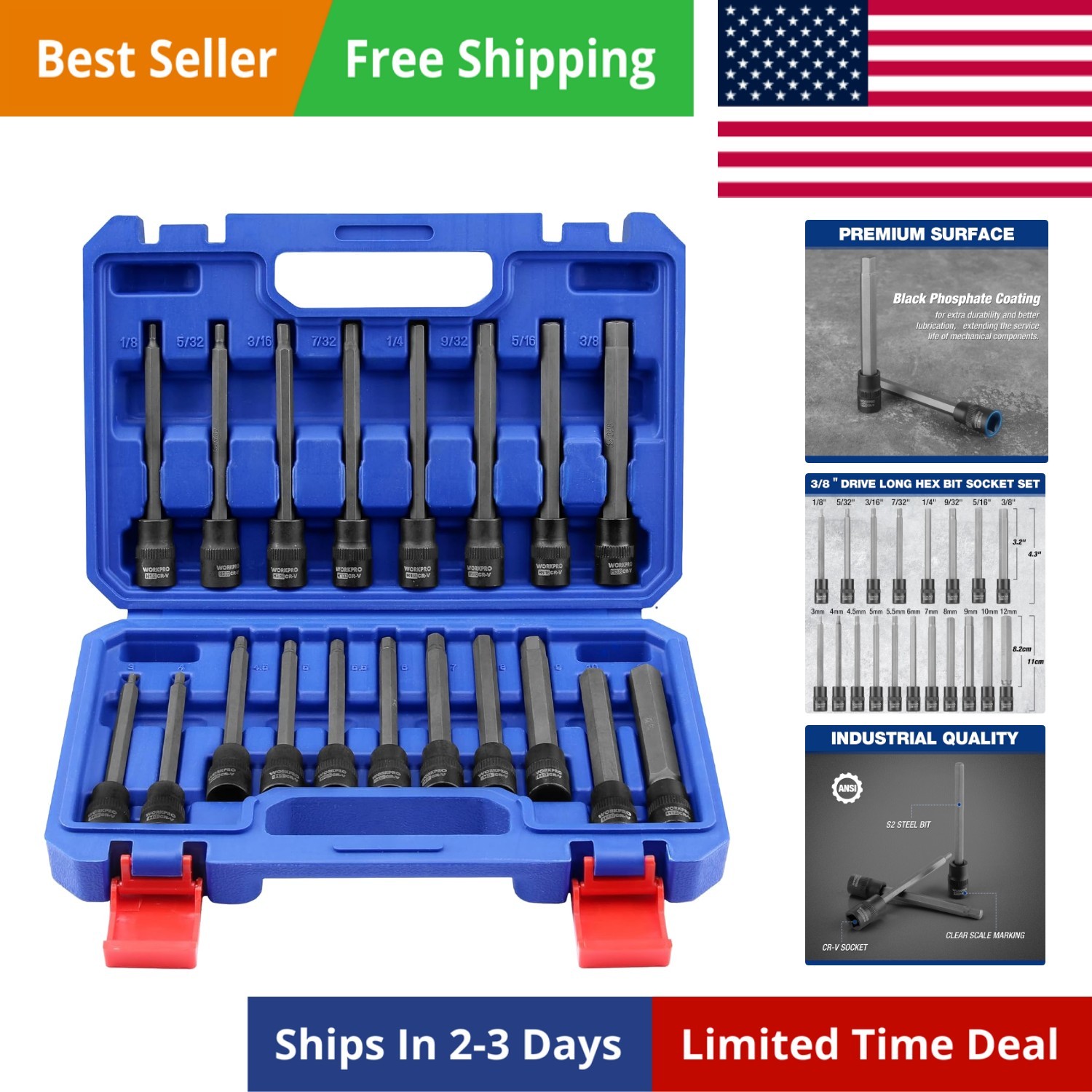 19-piece 3/8 Inch Drive Extra Long Hex Bit Socket Set, Torx Bit Socket Set, …