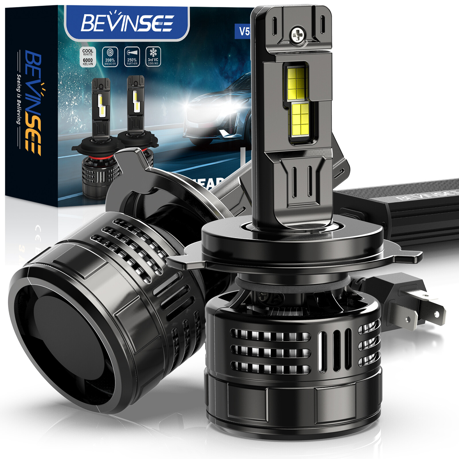 Bevinsee H4 LED Headlight Bulbs High/Low Beam Fog Light 150W 40000LM High Power
