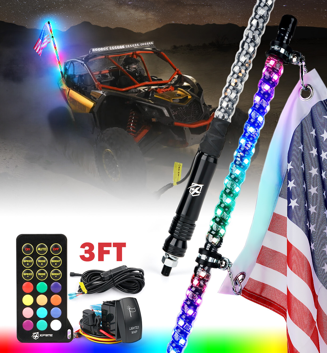 3FT RGB LED Spiral Whip Light Remote Control W/ Flags For UTV Polaris RZR XP ATV
