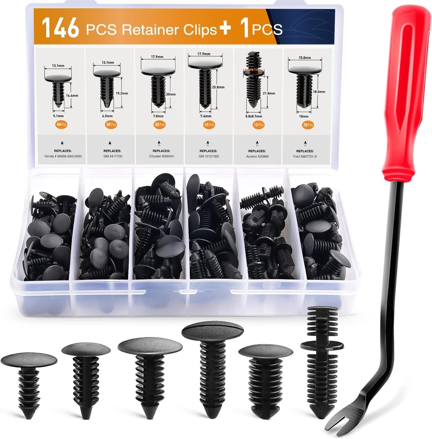 Comprehensive 146PCS Nylon Bumper Shield Retainer Clip Assortment with Remover
