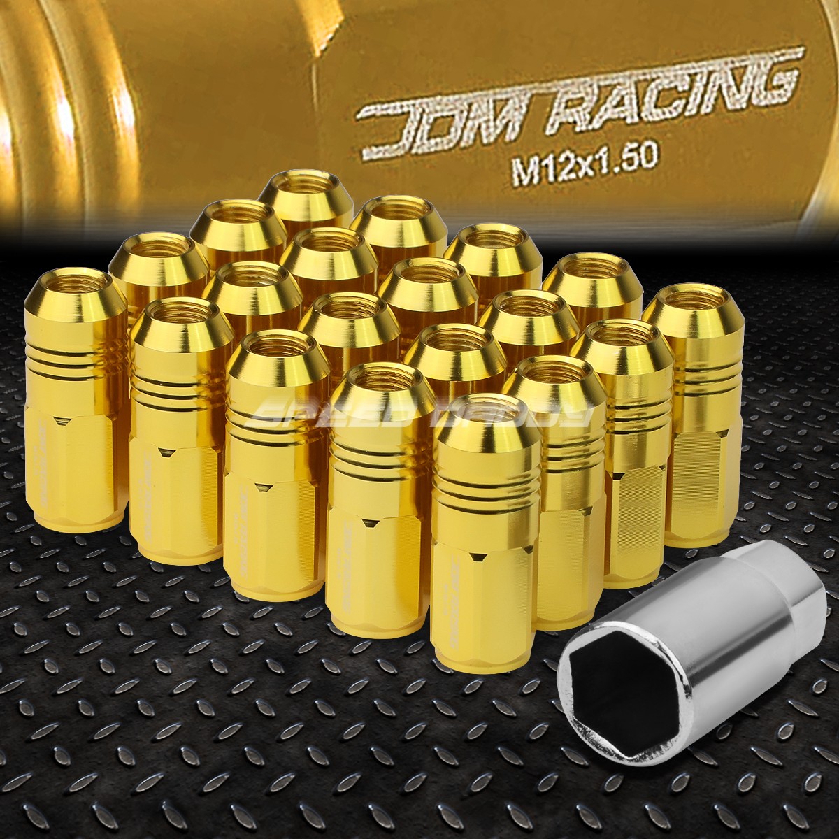 JDM CLOSED-END ALUMINUM GOLD 20 LUG NUTS SET+ADAPTER M12X1.5 20MM OD/50MM TALL