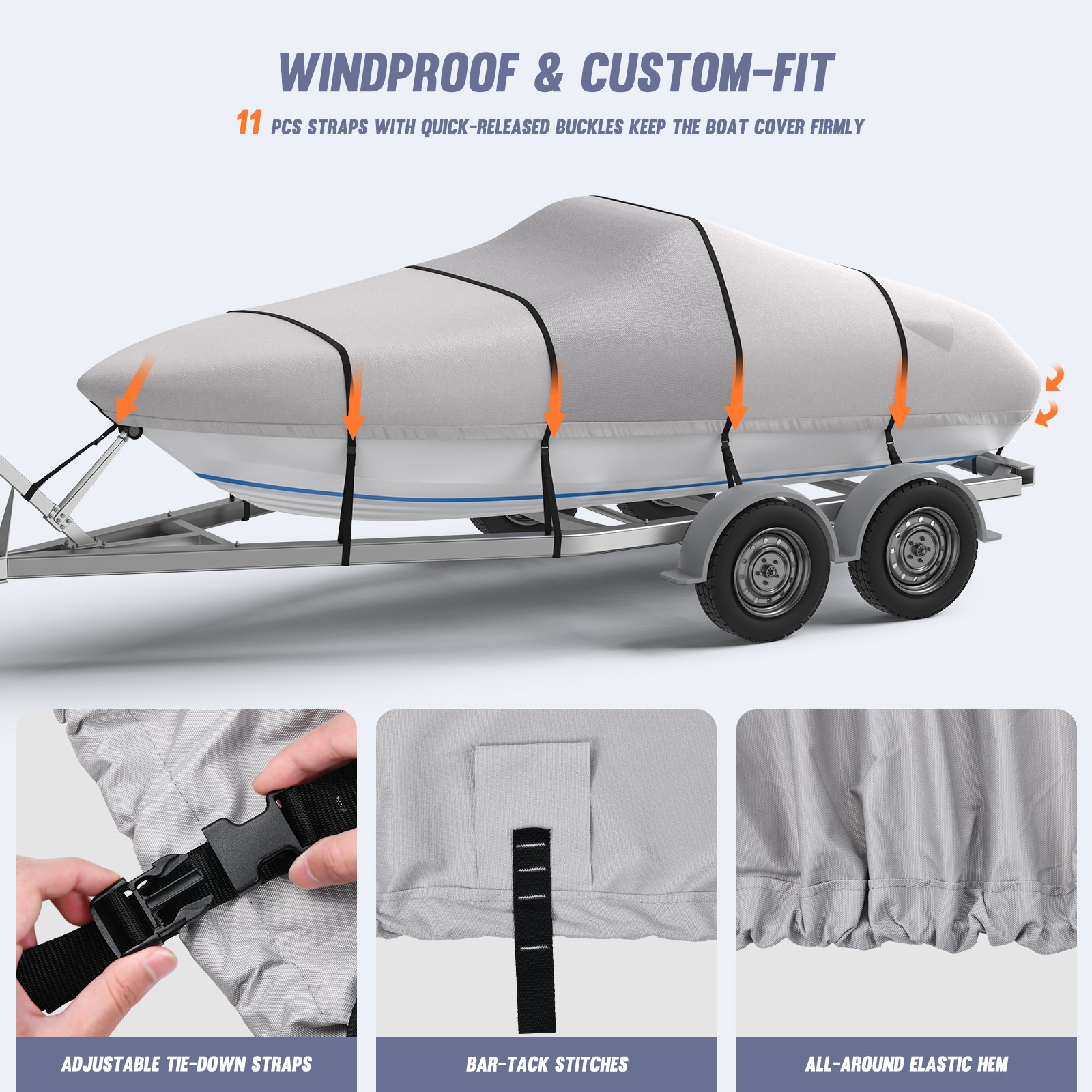 1200D Waterproof Heavy Duty Trailerable Boat Cover Fishing V-Hull 16-22ft