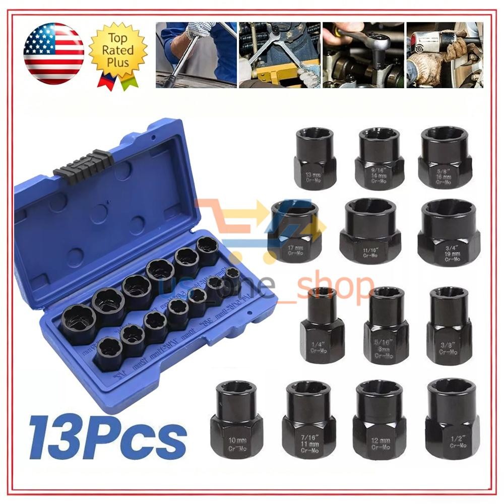 13pcs Bolt Extractor Damaged Lug Nut Remover Twist Socket Extractor Tool 8-19mm