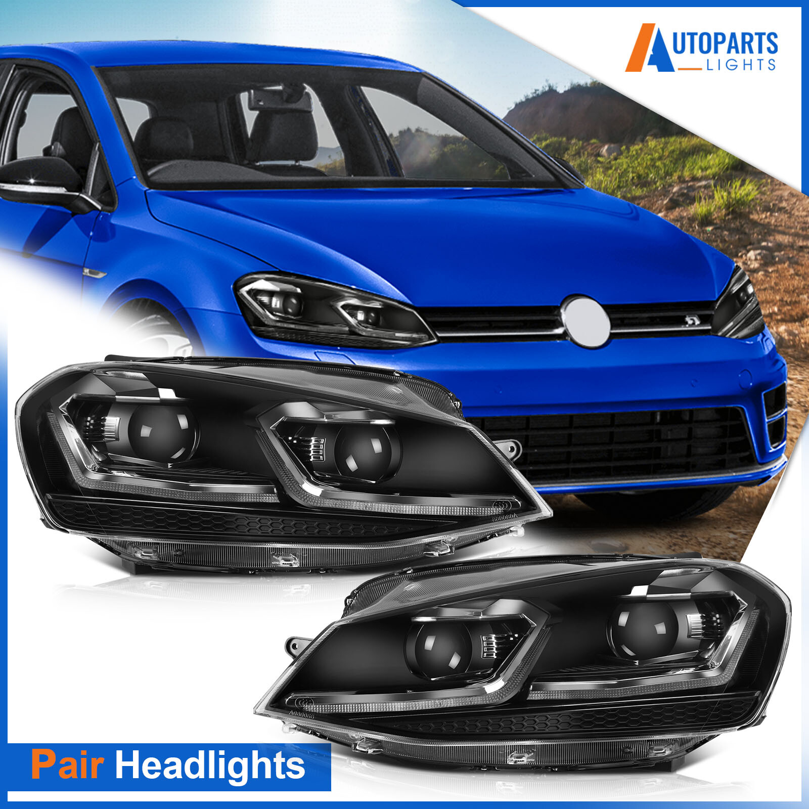 Black Full LED Projector Headlights W/ DRL Set For 2014-2019 Volkswagen Golf MK7