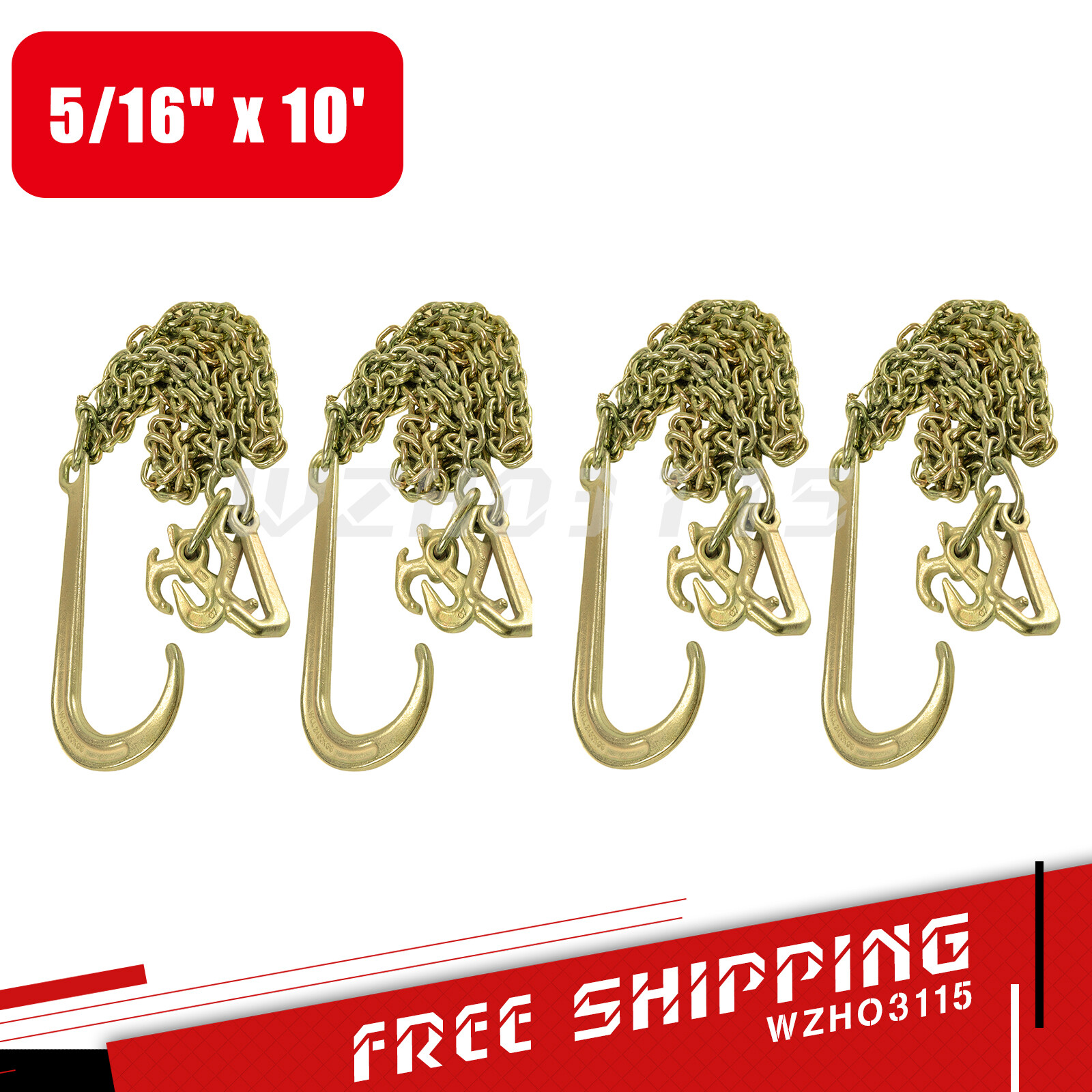 (4) Tow Chain J Hook Long Shank with T J & Grab Hook 5/16”x10′ G70
