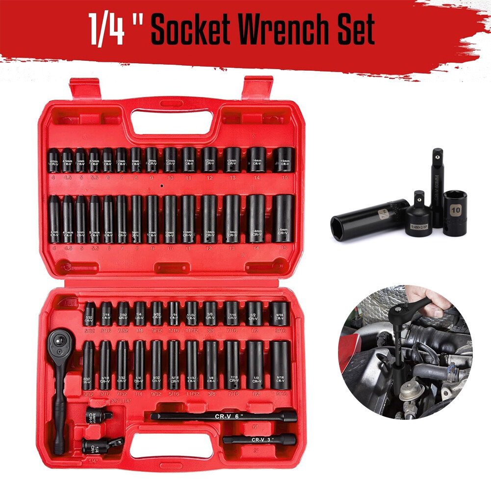 55PCS 1/4″ Drive Deep and Shallow Impact Socket Set SAE & Metric Shallow & Deep