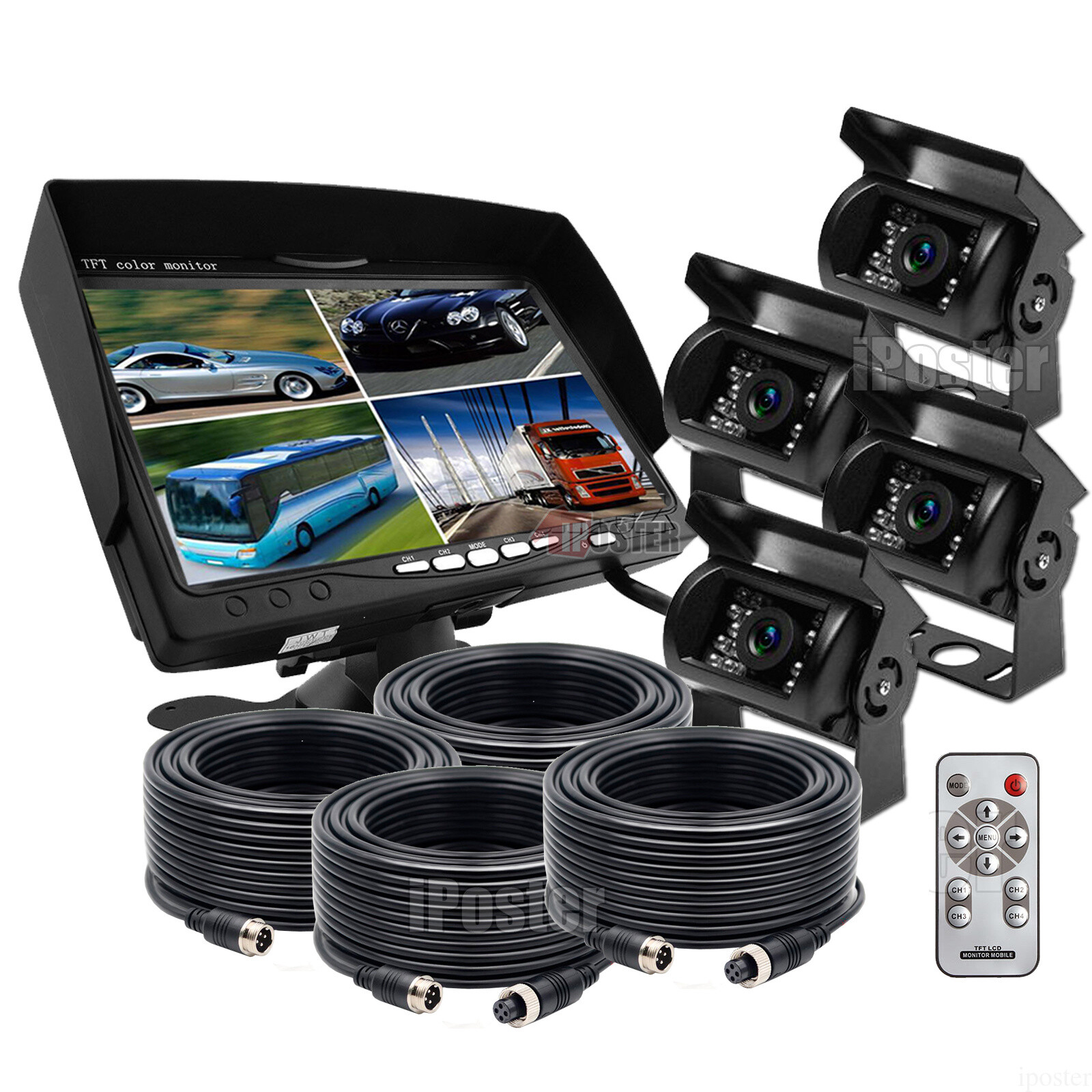 7″ Split Quad Car Reversing Monitor 4 Video +4x Truck CCD Backup Camera 24V-12V