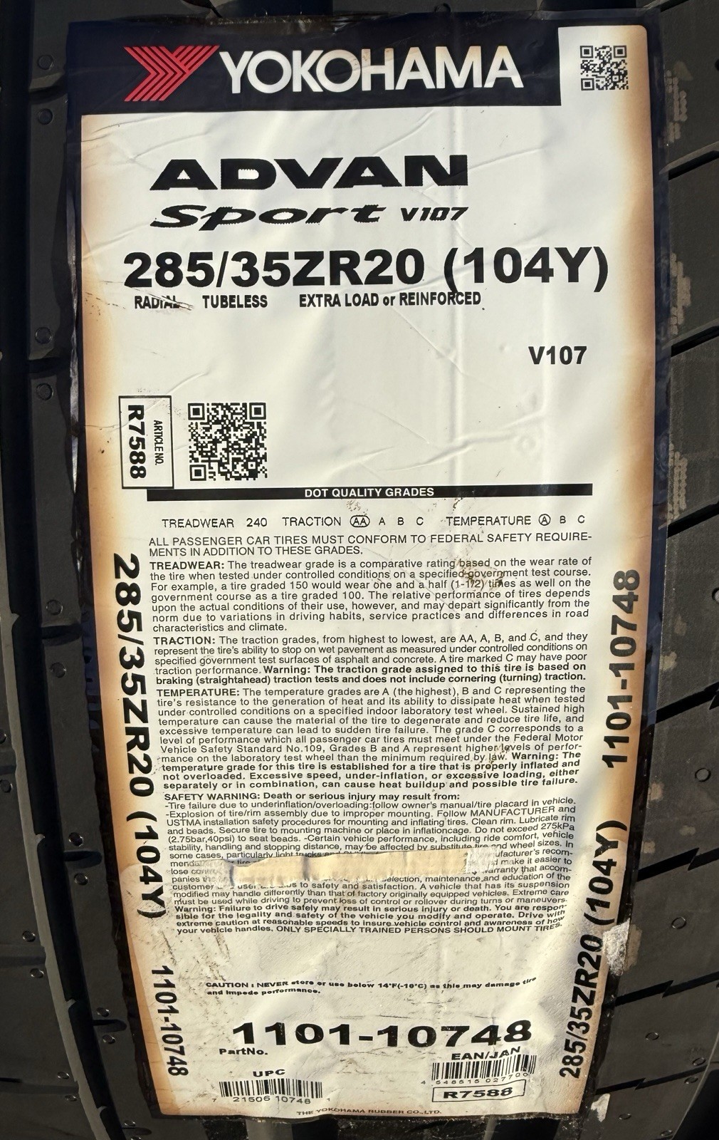 Set of TWO BRAND NEW 285/35ZR20 (104Y) Yokohama ADVAN Sport V107 Tires 2853520