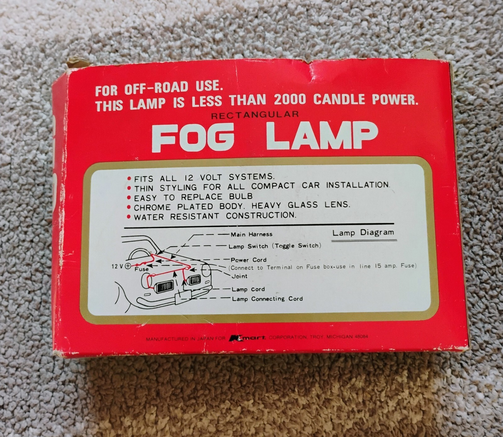Vintage Kmart Fog Lamp Light Rectangle Yellow Chrome 12V Japan NOS