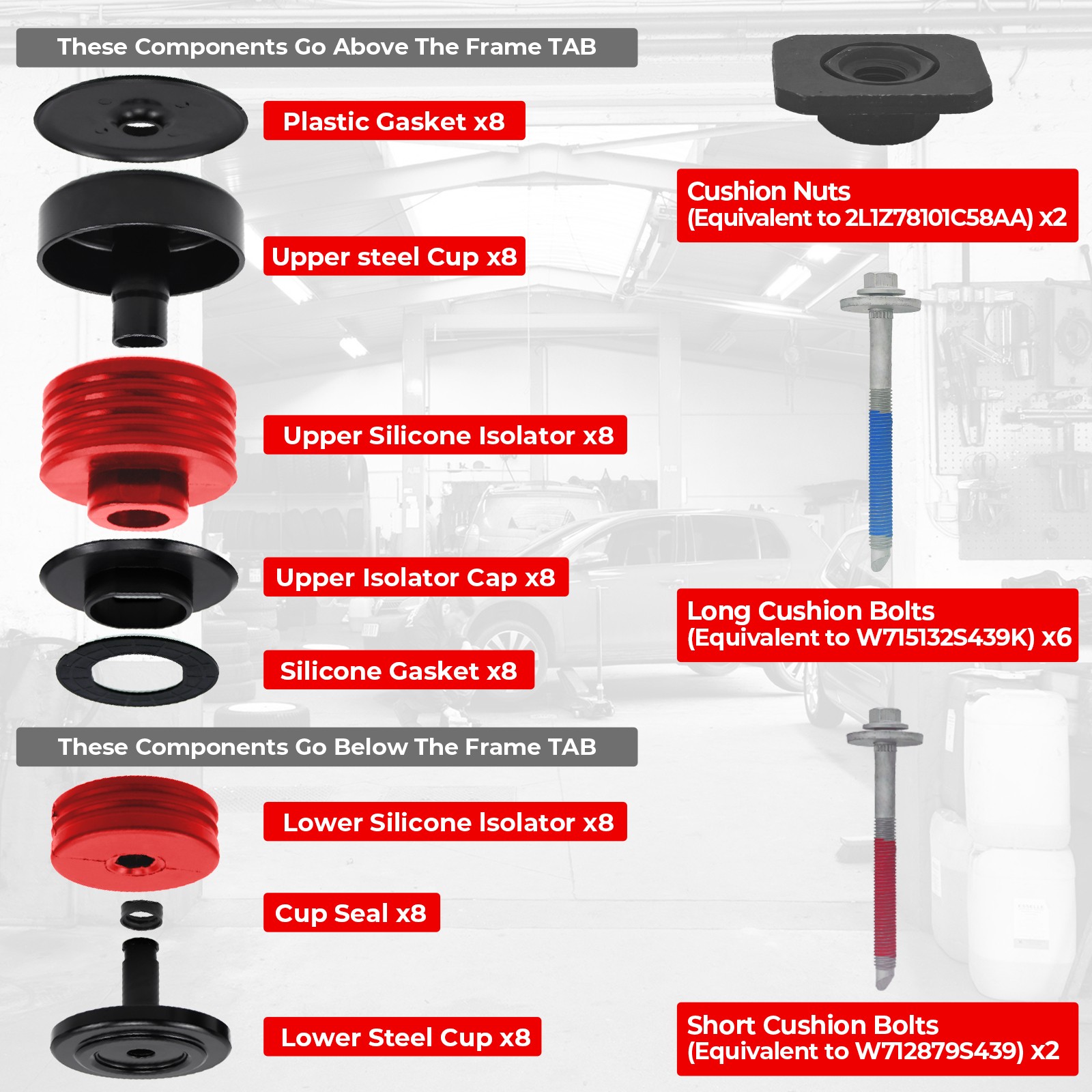 Silicone Body Mount Bushings & 13848 Bolt Kit for 08-16 Ford F250/350 Super Duty