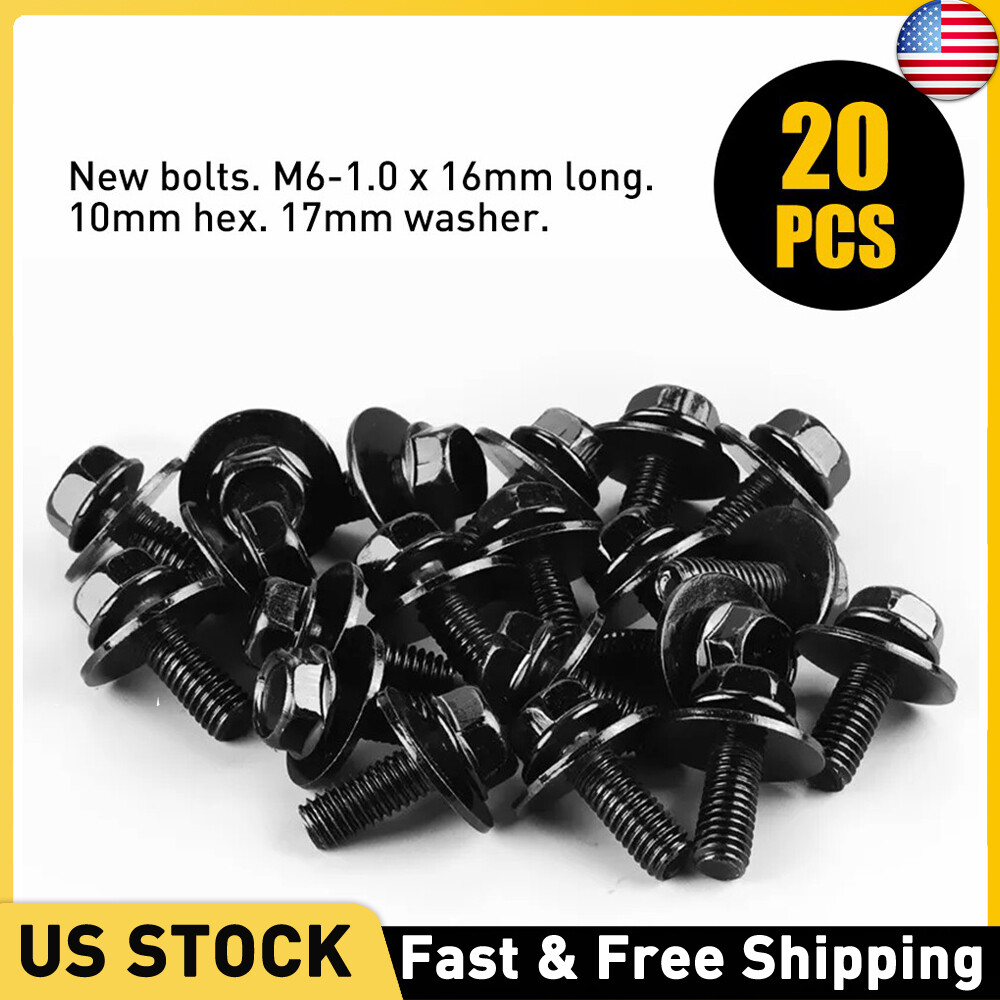 20PCS Body Bolts Screw Fastener Fender M6-1.0x 16mm Long- 10mm Hex- 17mm Washer