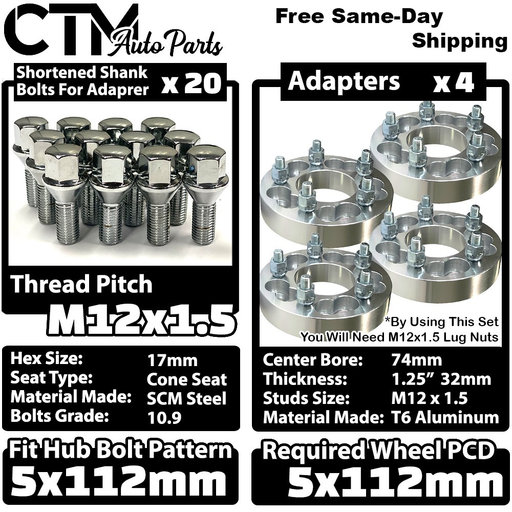4x 1.25″ Thick 5x112mm Wheel Spacer Adapter + 12×1.5 Bolt Fit Mercedes Models