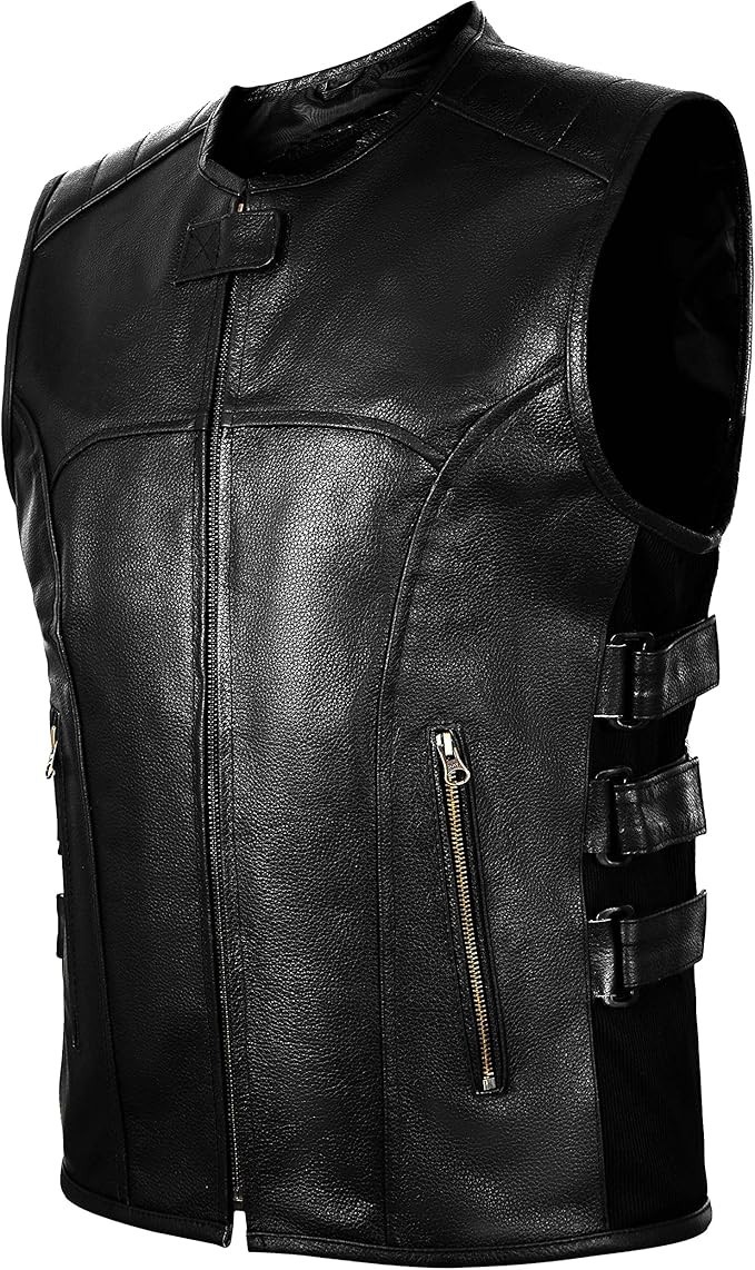 Leather Motorbike Vest for Men’s Motorcycle Club Style Vest Zipper Snap Closure