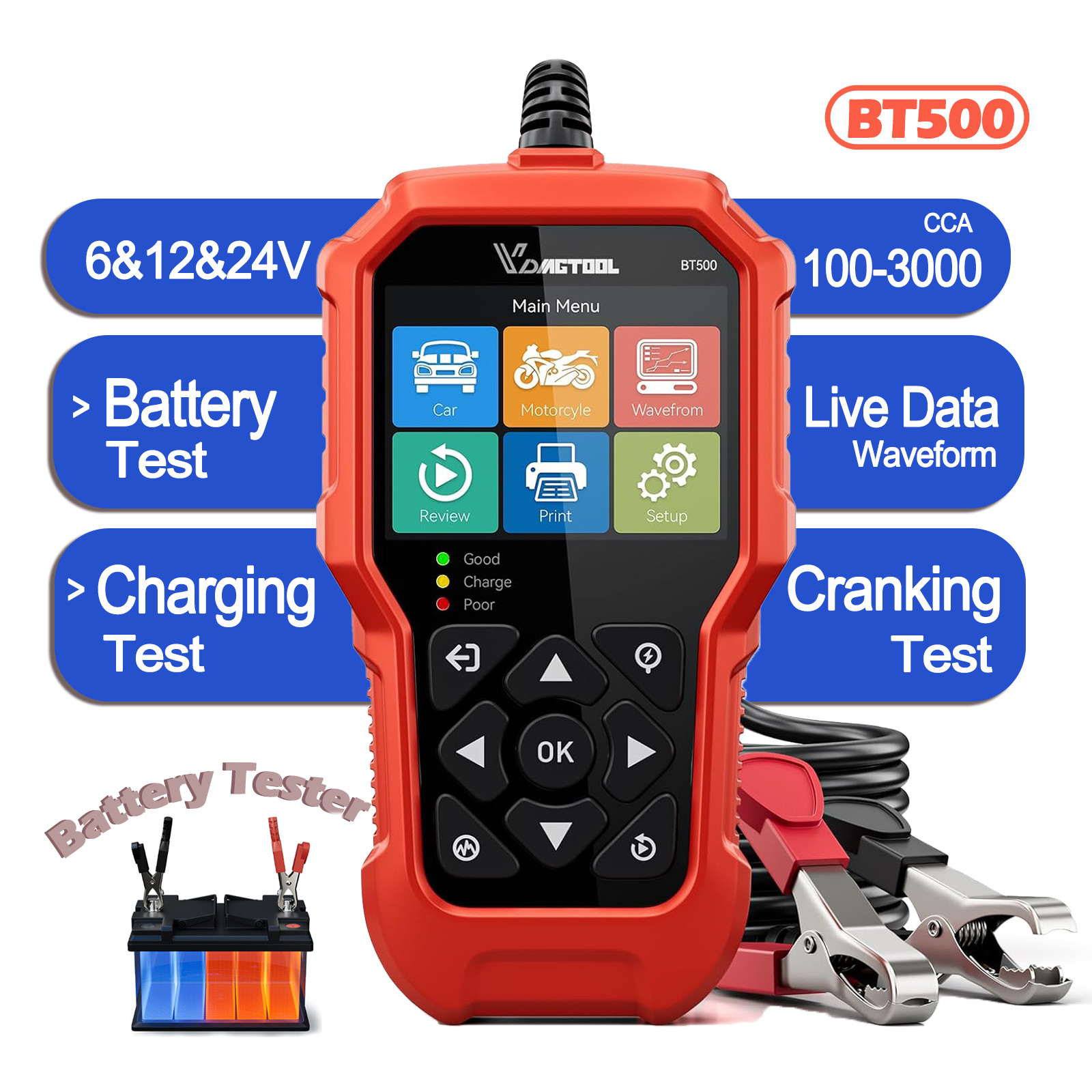 Car Battery Tester Automotive Load Battery Analyzer Charging Test 6/12/24V