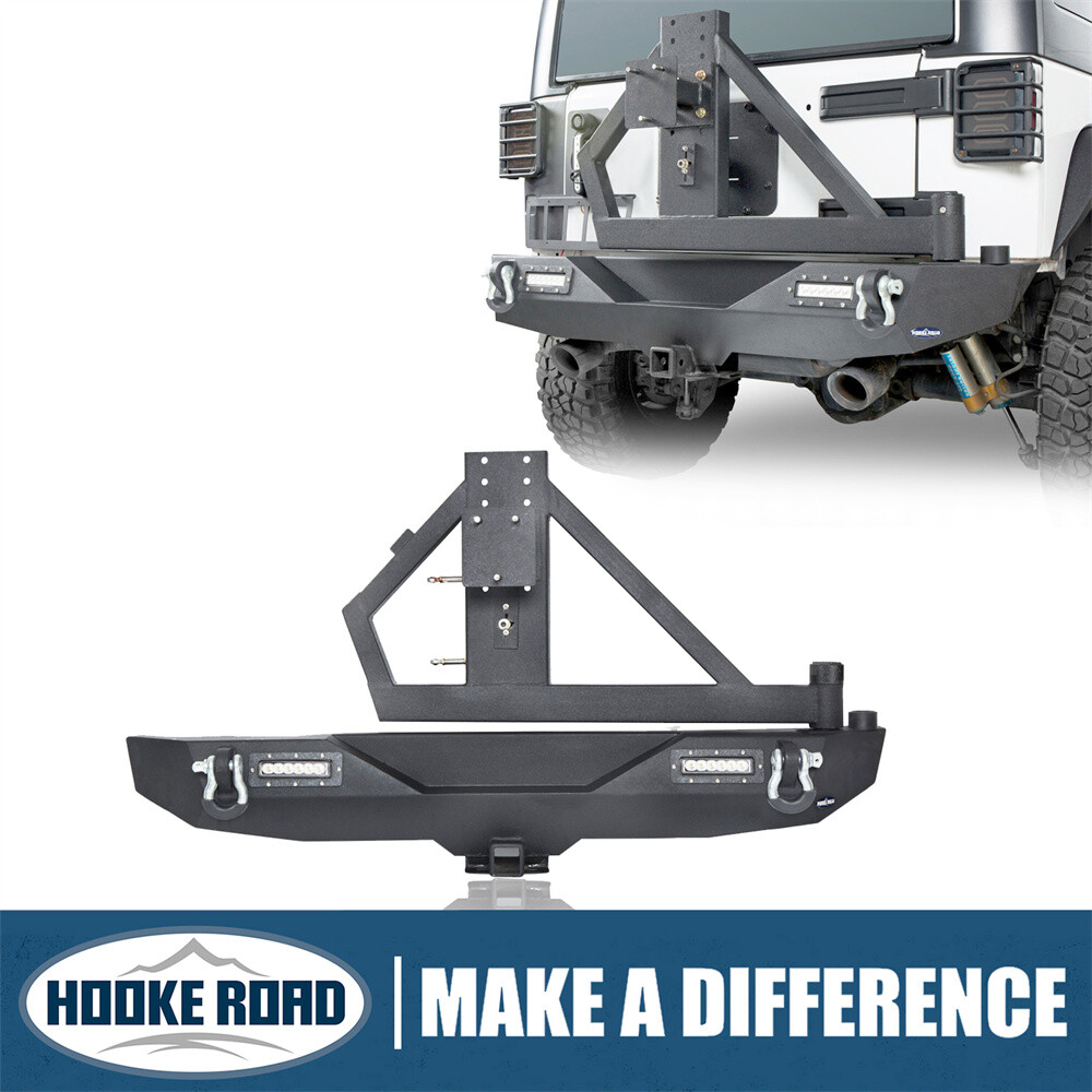 Hooke Road Fit 07-18 Jeep Wrangler JK Rear Bumper w/ Tire Carrier Light Tow Hook
