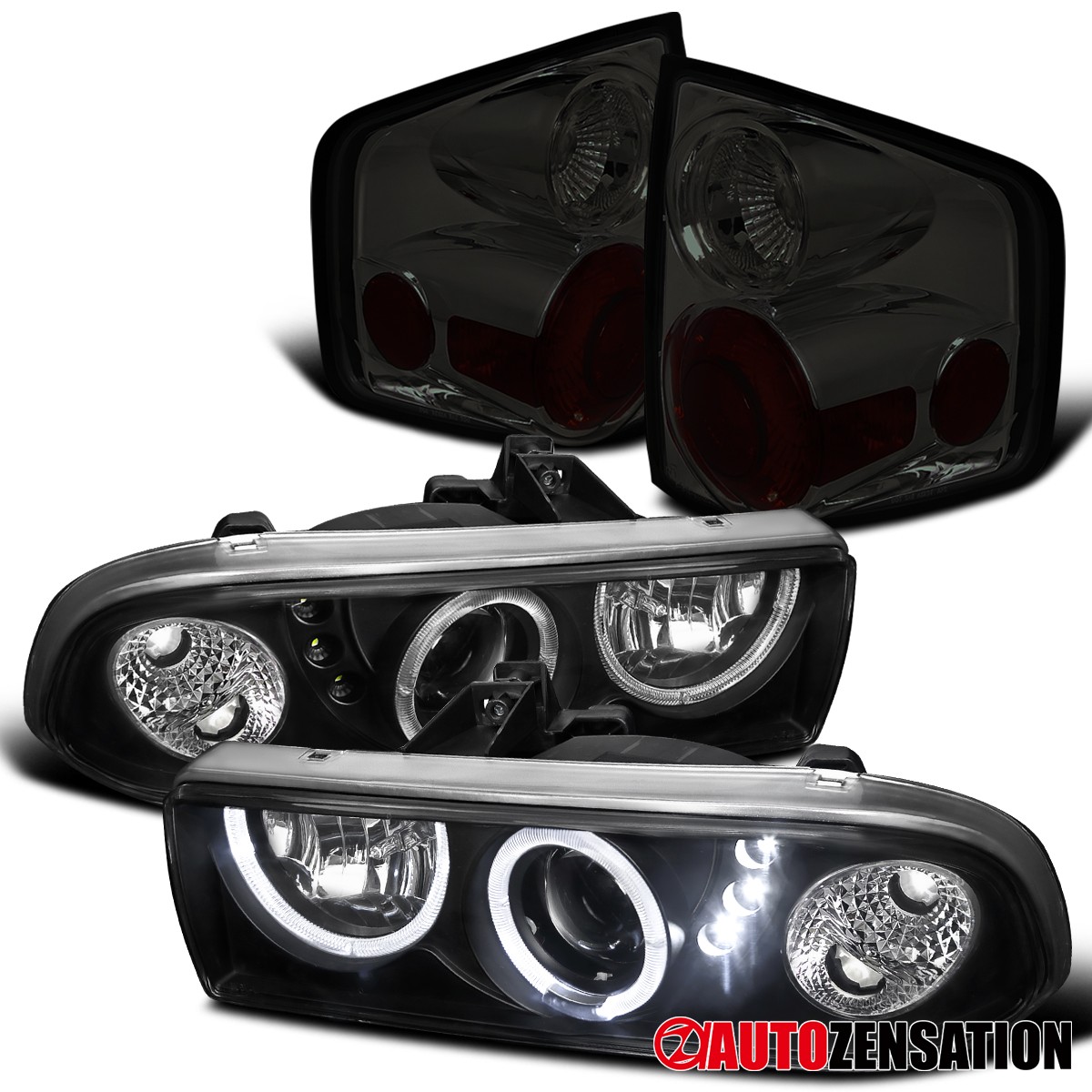Fit 1998-2004 Chevy S10 Black LED Halo Projector Headlights+Smoke Tail Lamps