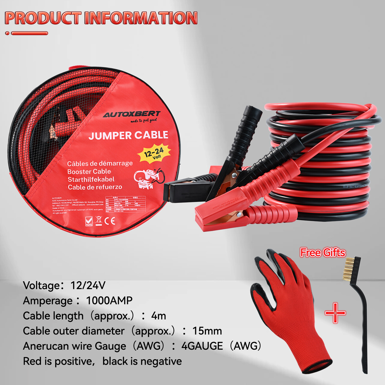 4Gauge 1000AMP Heavy Duty Power Jumper Booster Cables Commercial Grade Battery