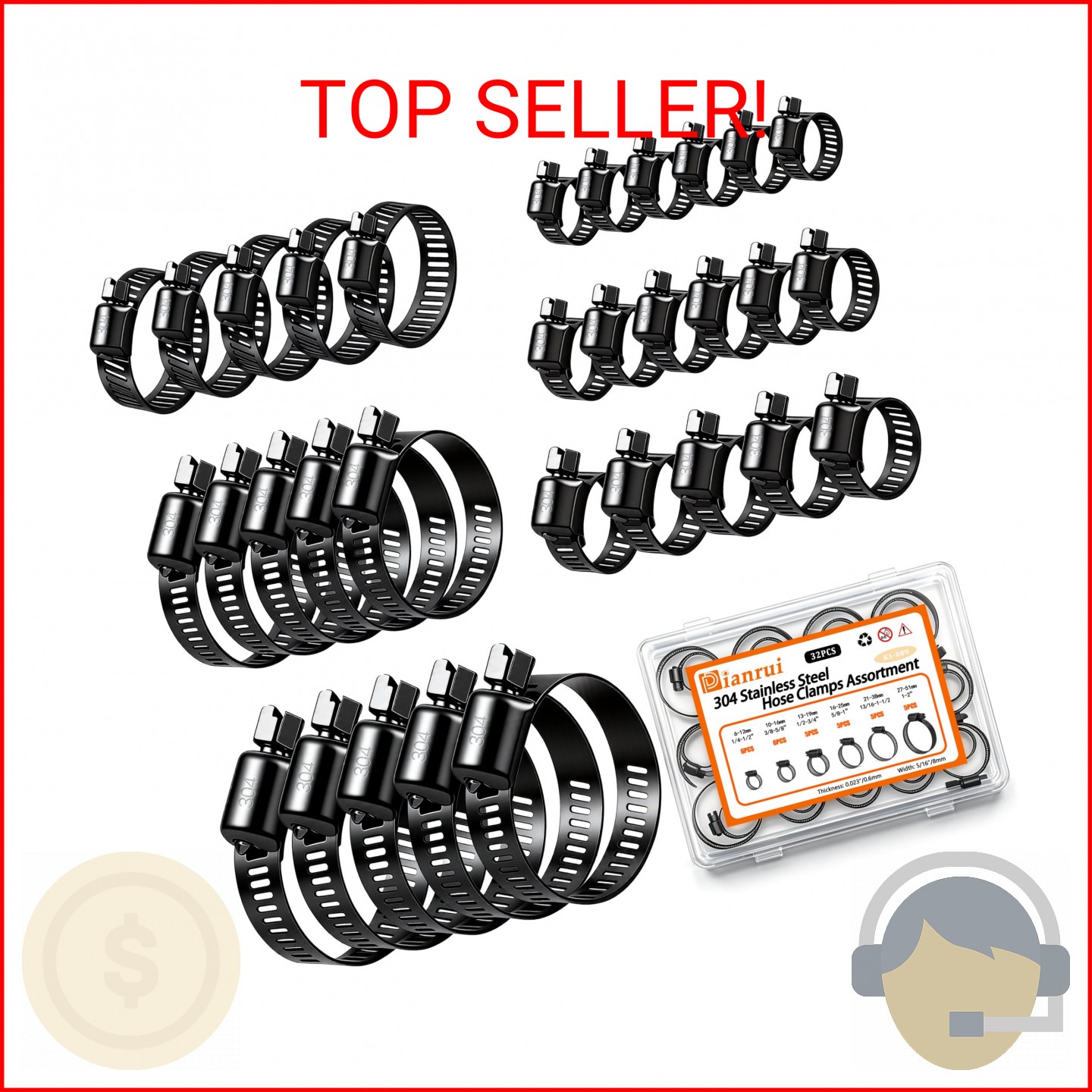 Dianrui 32 PCS Black Hose Clamps Assortment Kit 1/4″–2″ (6-51mm) Hose Clamps Sta