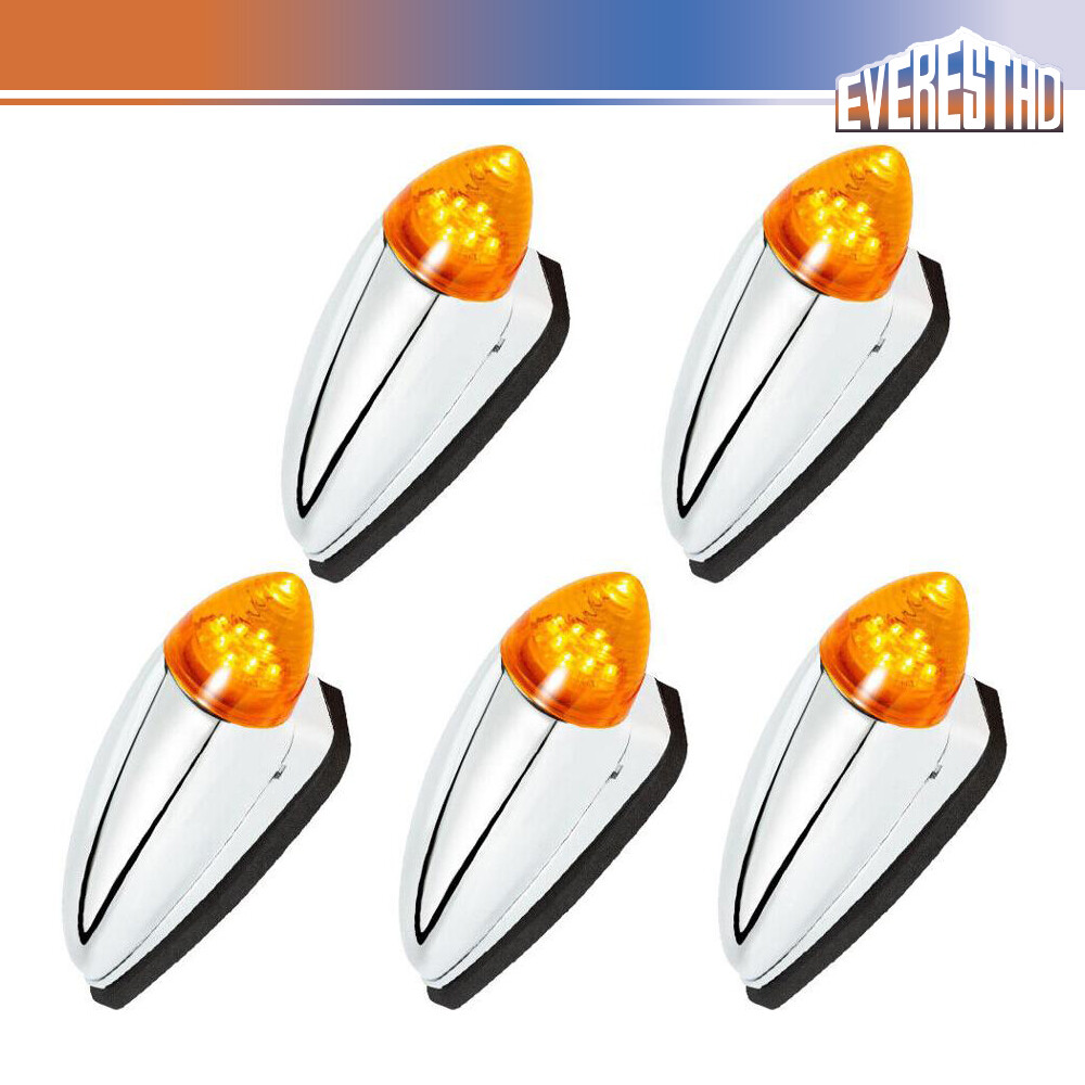 5x 8LED Cab Roof Marker Clearance Lights Amber Chrome Fit For Mack CHU 2008-2019