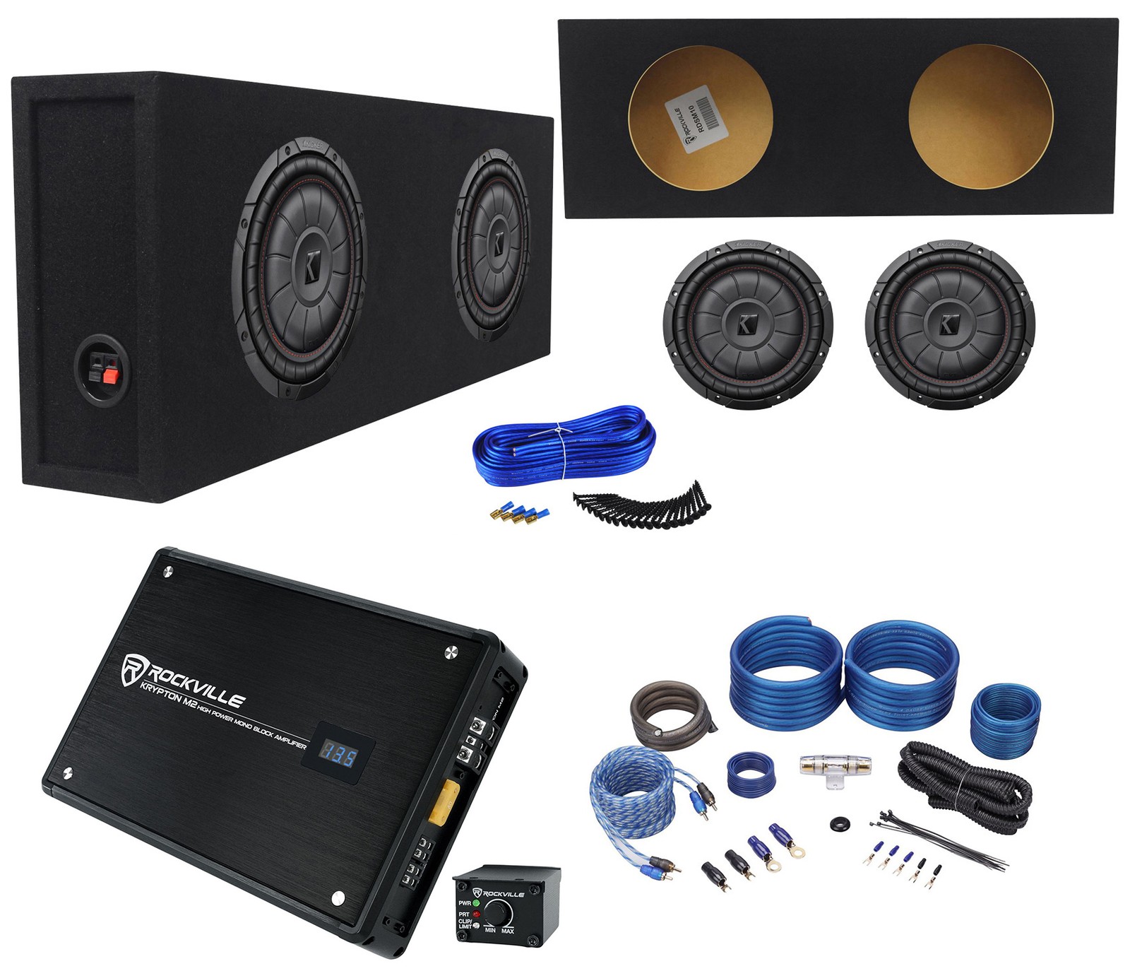 2) Kicker 43CVT102 COMPVT 10″ 1600W Slim Subwoofers+Sealed Box+Amplifier+Amp Kit