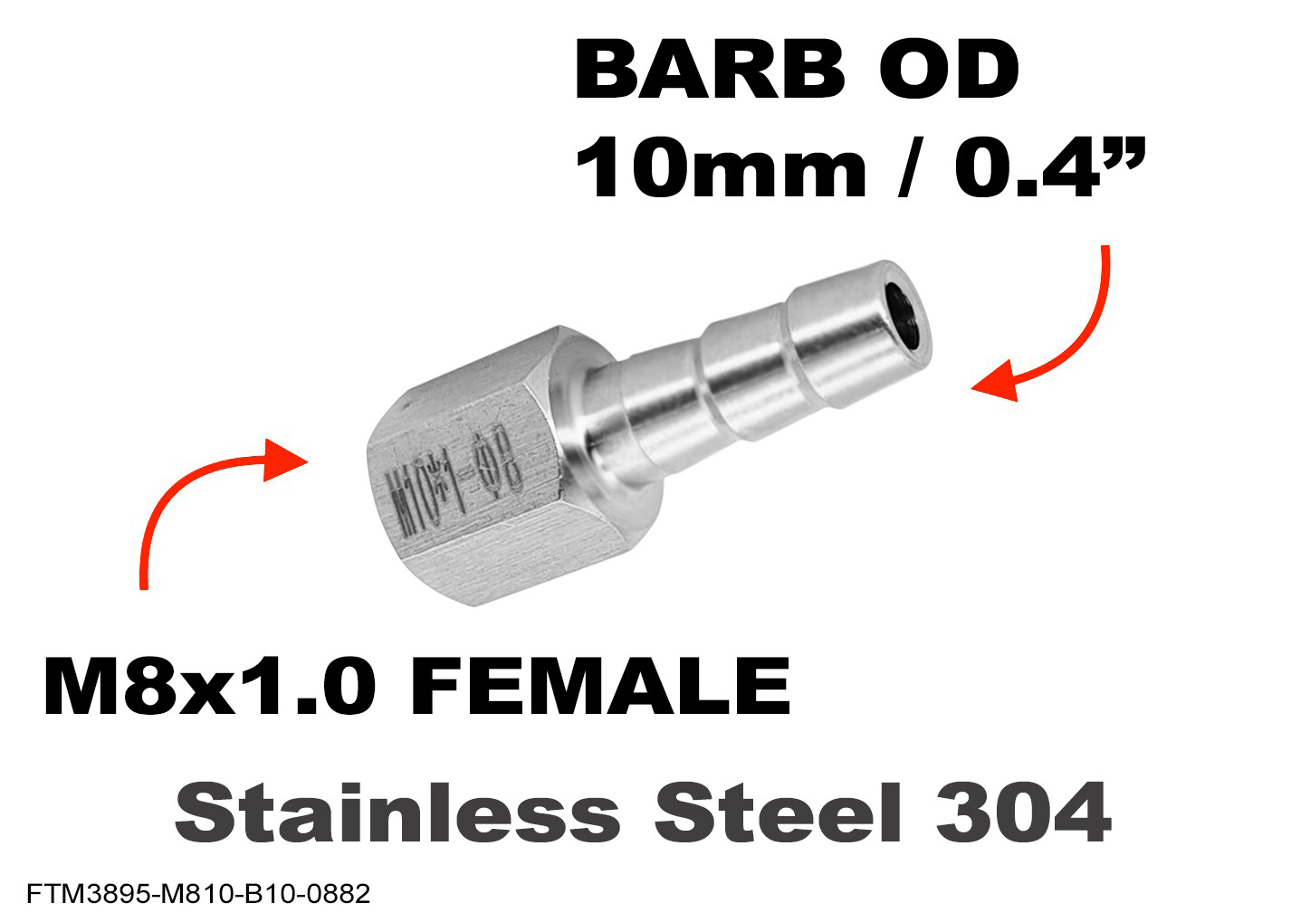 M8x1.0 FEMALE to BARB OD 10mm / 0.4″ Stainless Tail Adaptor Hose Connector
