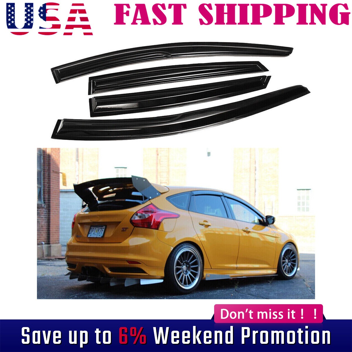 For 2012-18 Ford Focus Hatchback Window Visor Rain Guards Shade Wind Deflectors